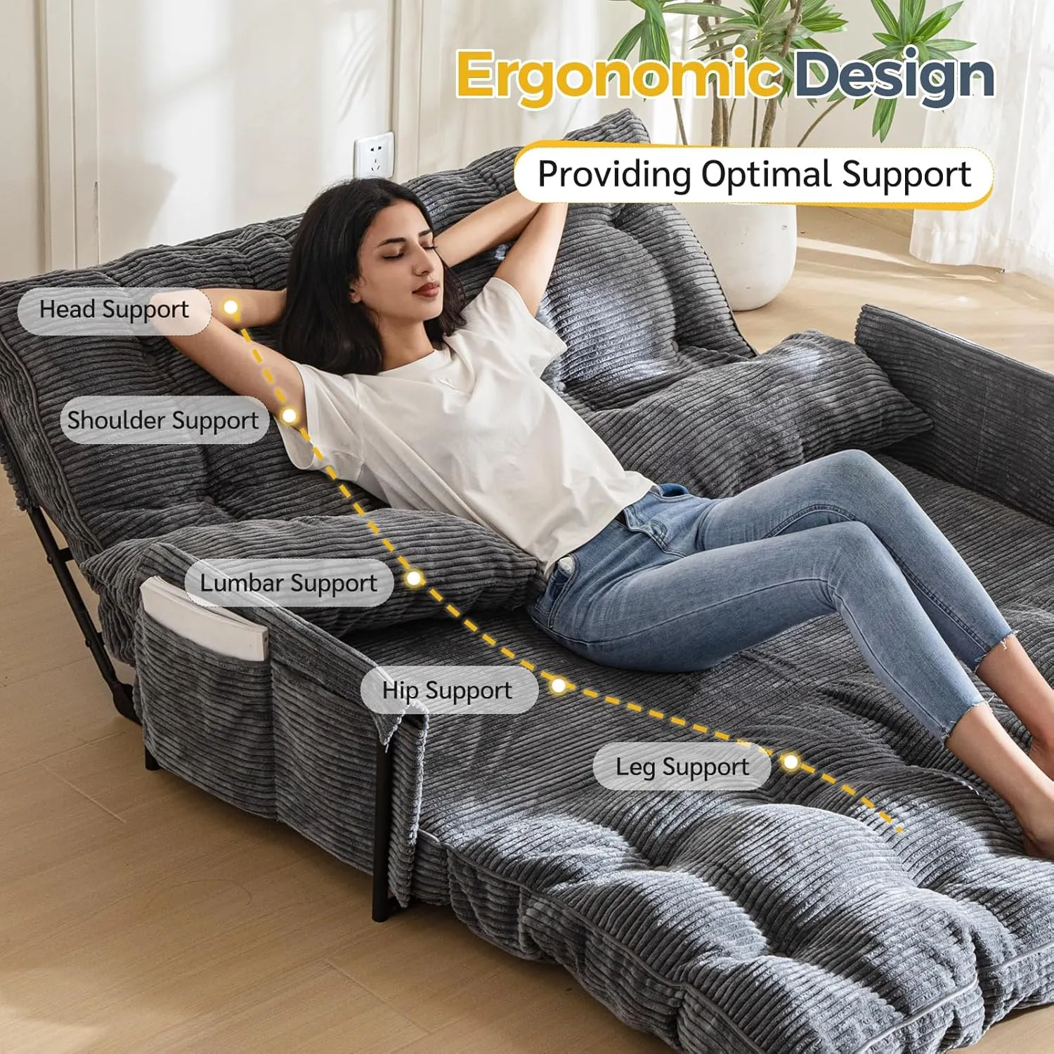 MAXYOYO Adjustable Floor Sofa Couch with 2 Pillows, Multi-Functional Bean Bag Bed, 5-Position Foldable Lazy Sofa Sleeper Bed with Armrest, Versatile Floor Seating for Reading, Dark Grey, Double