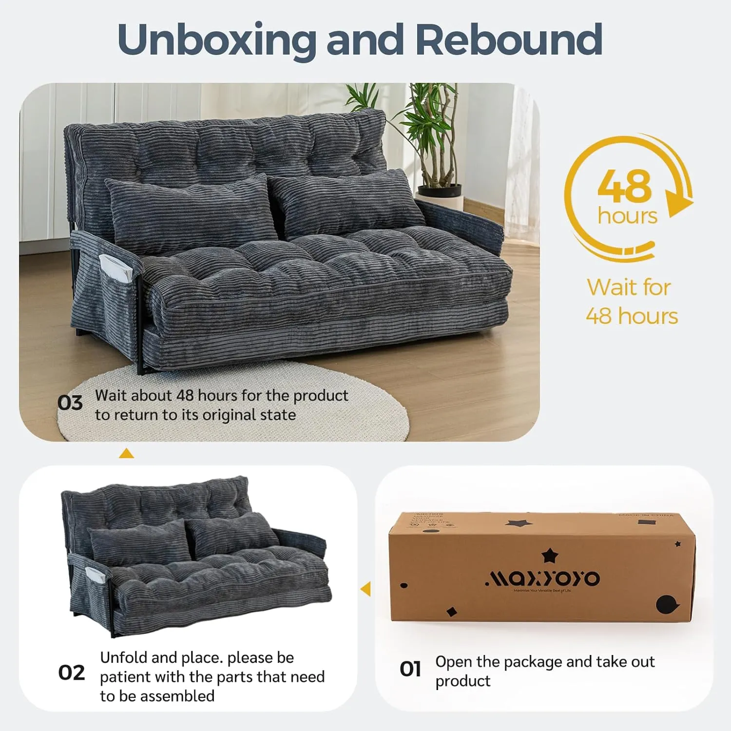 MAXYOYO Adjustable Floor Sofa Couch with 2 Pillows, Multi-Functional Bean Bag Bed, 5-Position Foldable Lazy Sofa Sleeper Bed with Armrest, Versatile Floor Seating for Reading, Dark Grey, Double