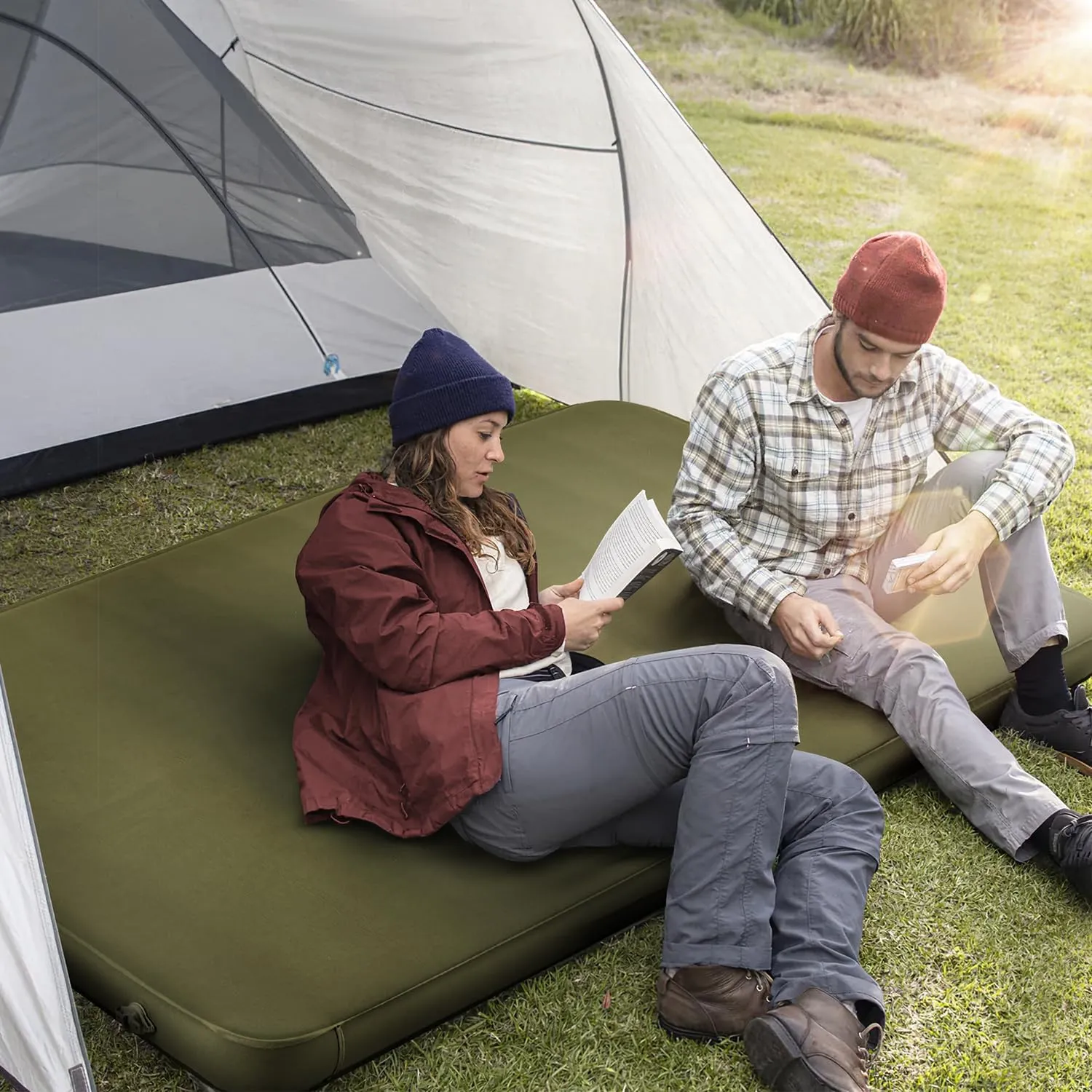 MELLCOM 4" Think Double Self Inflating Sleeping Pad, Foam Camping Mattress with Storage Bag, 4-Season Outdoor Inflatable Camping Mat for 2 Person, Car Camping, Traveling, Tent, Green