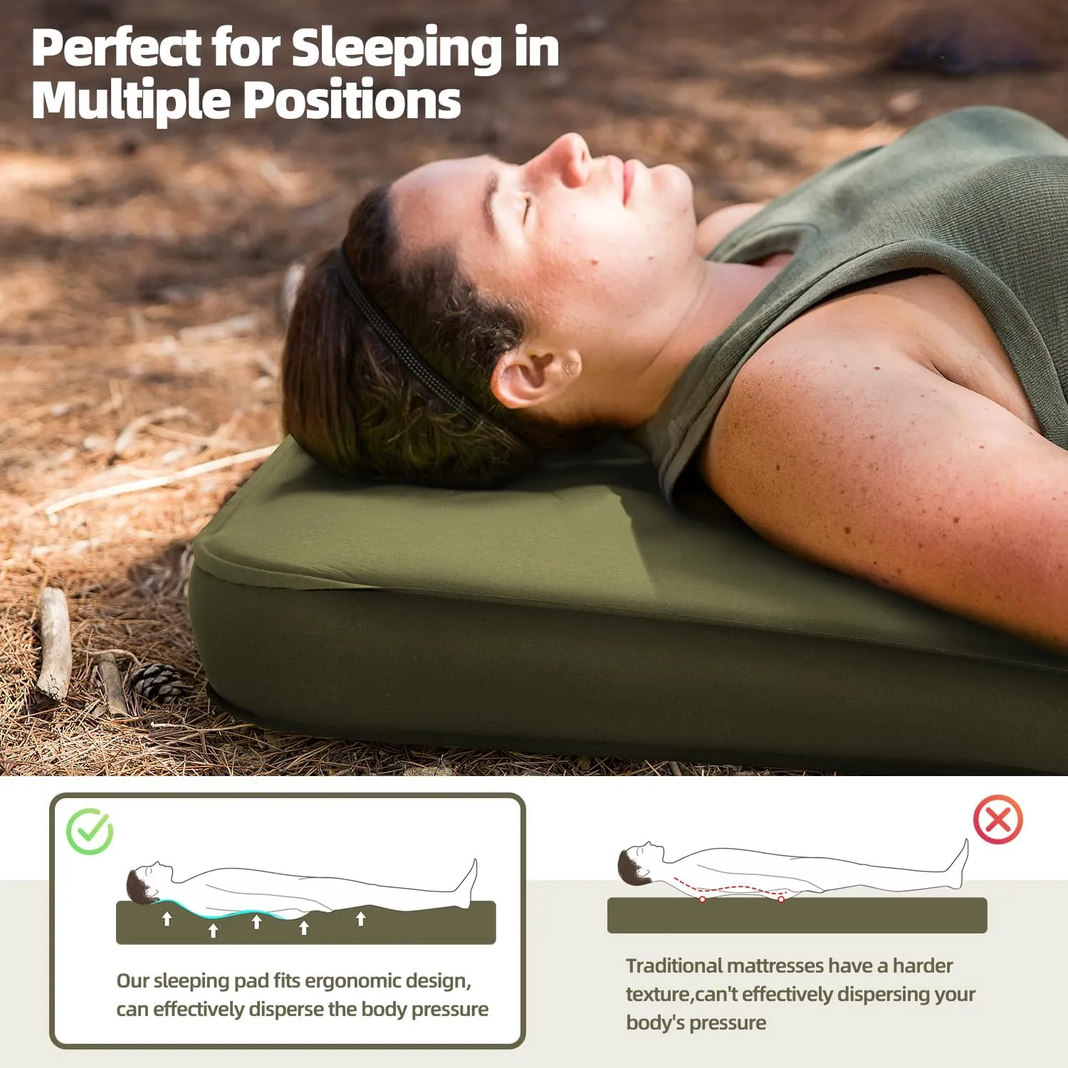 MELLCOM 4" Think Double Self Inflating Sleeping Pad, Foam Camping Mattress with Storage Bag, 4-Season Outdoor Inflatable Camping Mat for 2 Person, Car Camping, Traveling, Tent, Green