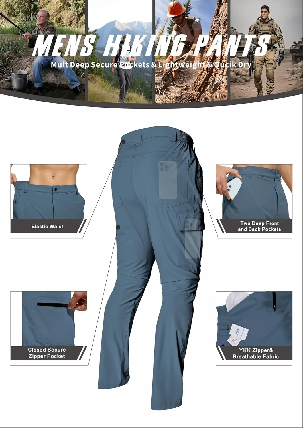Men's Lightweight Hiking Cargo Pants Waterproof Quick Dry Travel Climbing Camping Fishing Mens Work Pants Outdoor