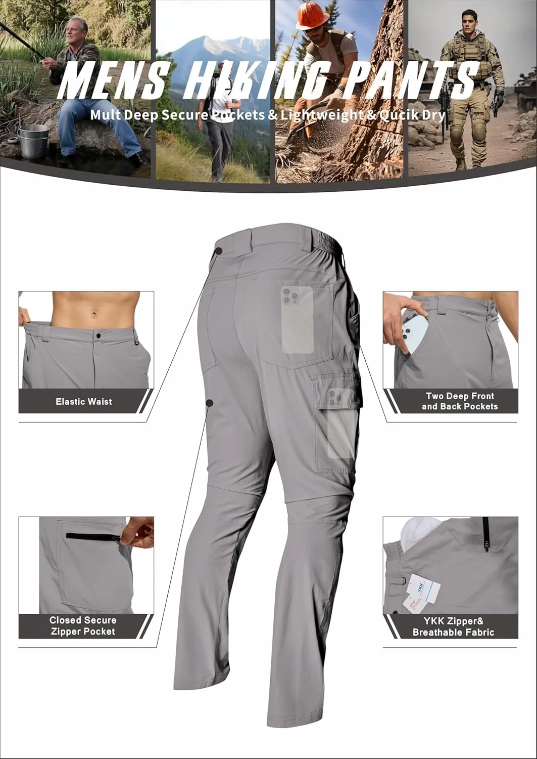Men's Lightweight Hiking Cargo Pants Waterproof Quick Dry Travel Climbing Camping Fishing Mens Work Pants Outdoor