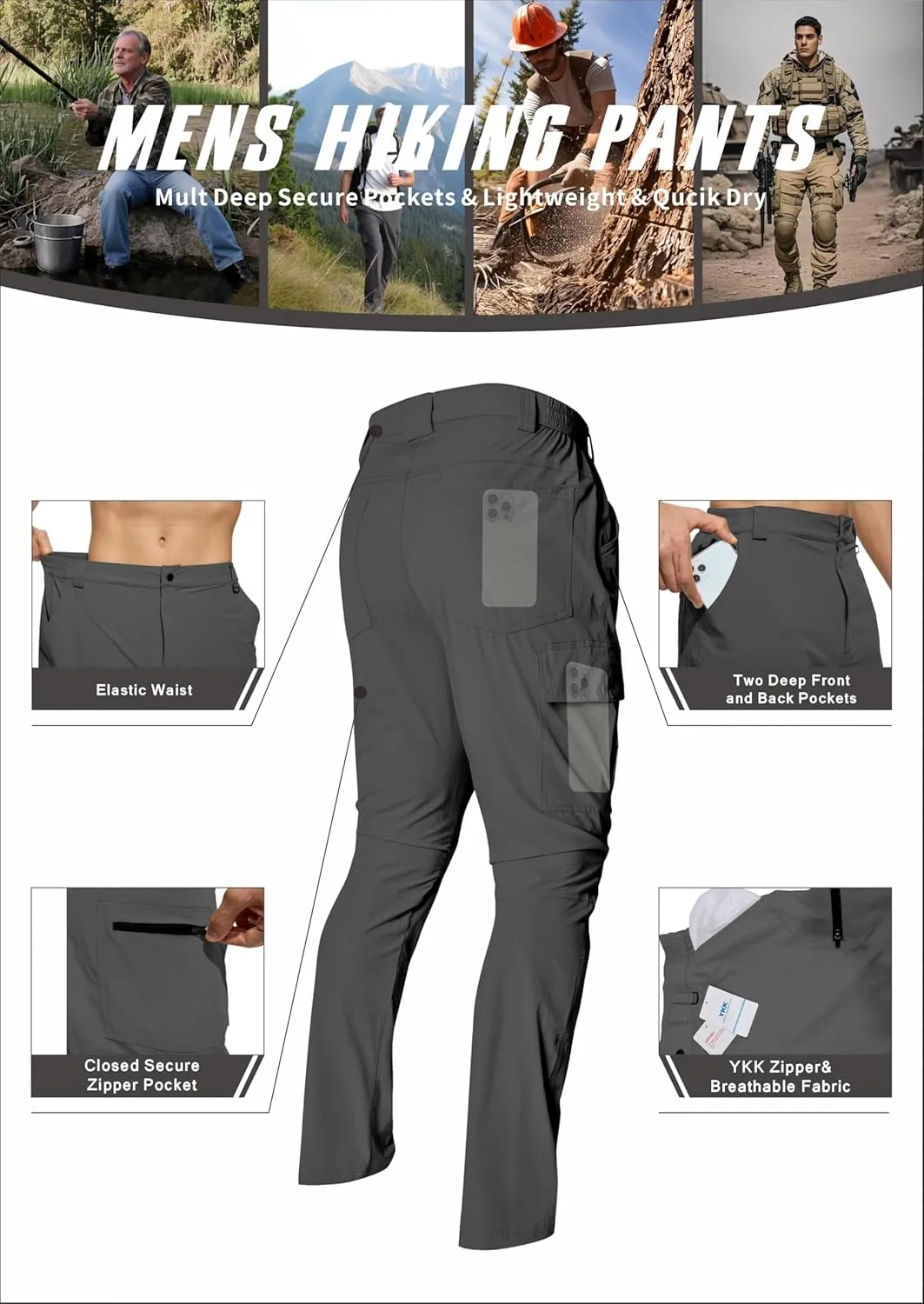 Men's Lightweight Hiking Cargo Pants Waterproof Quick Dry Travel Climbing Camping Fishing Mens Work Pants Outdoor