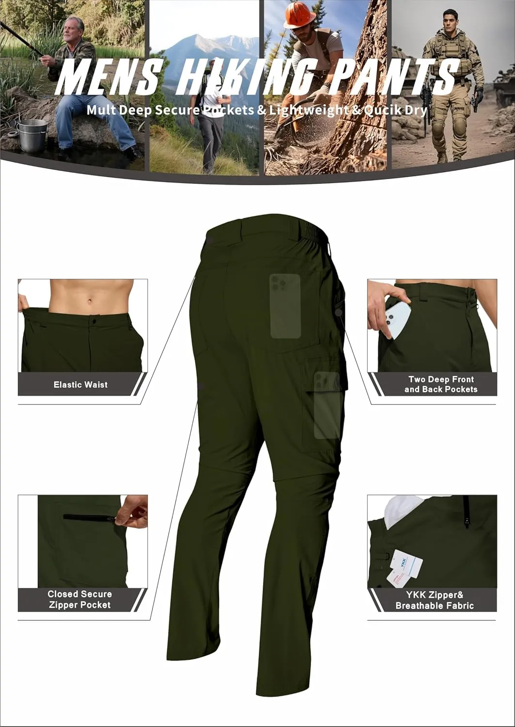 Men's Lightweight Hiking Cargo Pants Waterproof Quick Dry Travel Climbing Camping Fishing Mens Work Pants Outdoor