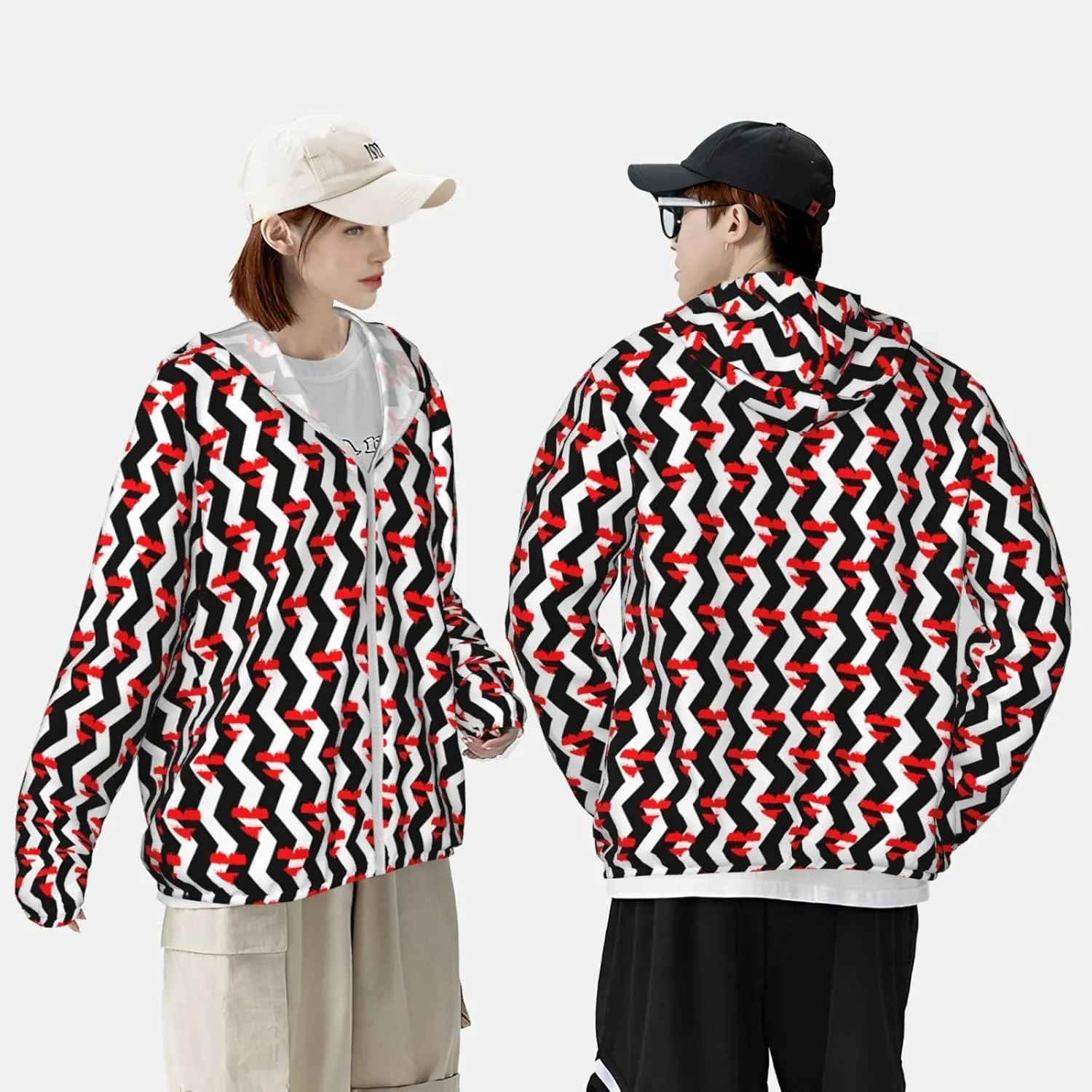 Men's Outdoor Lightweight Uv Sun Protection Jacket,Black and White Stripes Long Sleeve Hooded Shirt