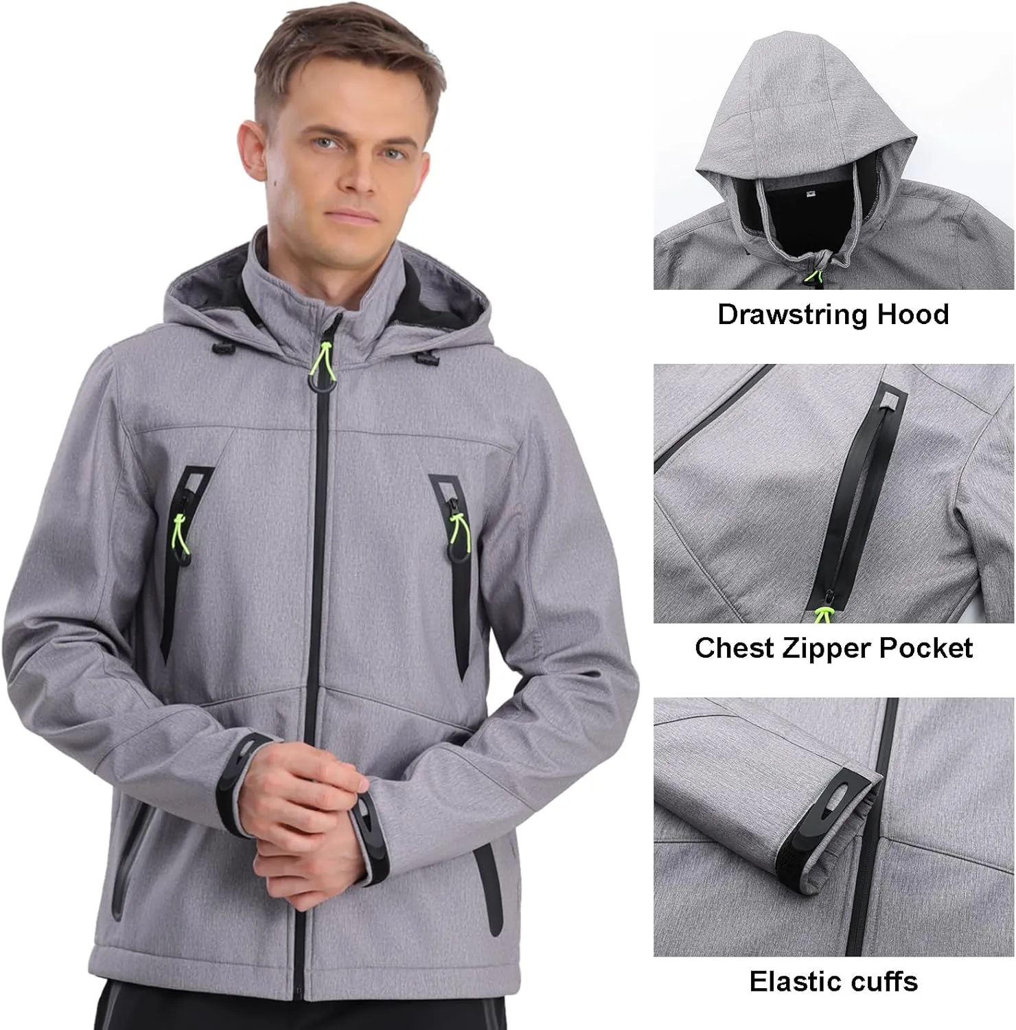 Men's Softshell Jacket with Hooded Fleece Lined Windproof Fishing Hiking Shell Jacket for Men