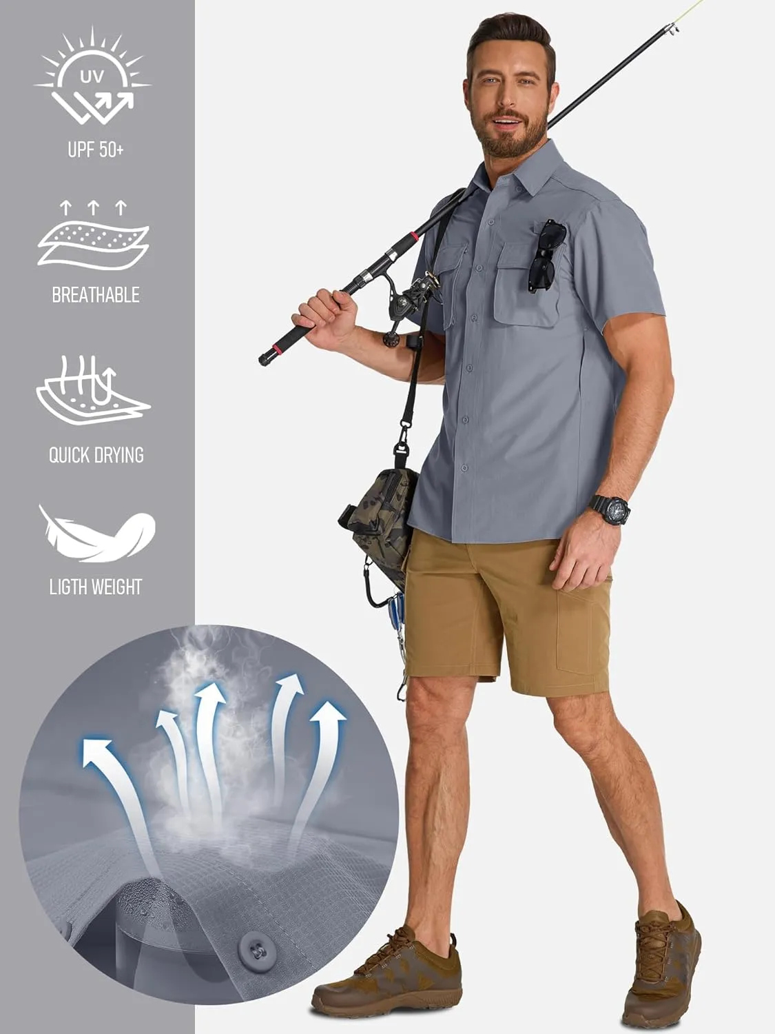 Mens UPF 50  Sun Protection Short Sleeve Quick Dry Fishing Safari Hiking Shirt with Zipper Pocket Lightweight Cooling