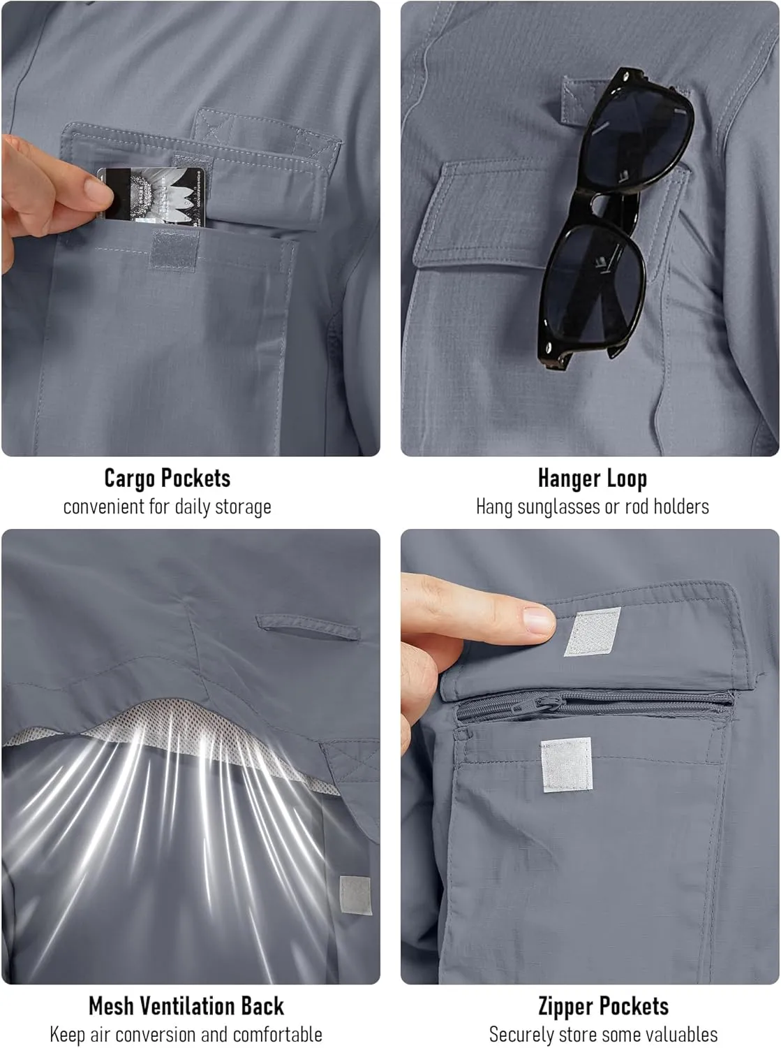 Mens UPF 50  Sun Protection Short Sleeve Quick Dry Fishing Safari Hiking Shirt with Zipper Pocket Lightweight Cooling