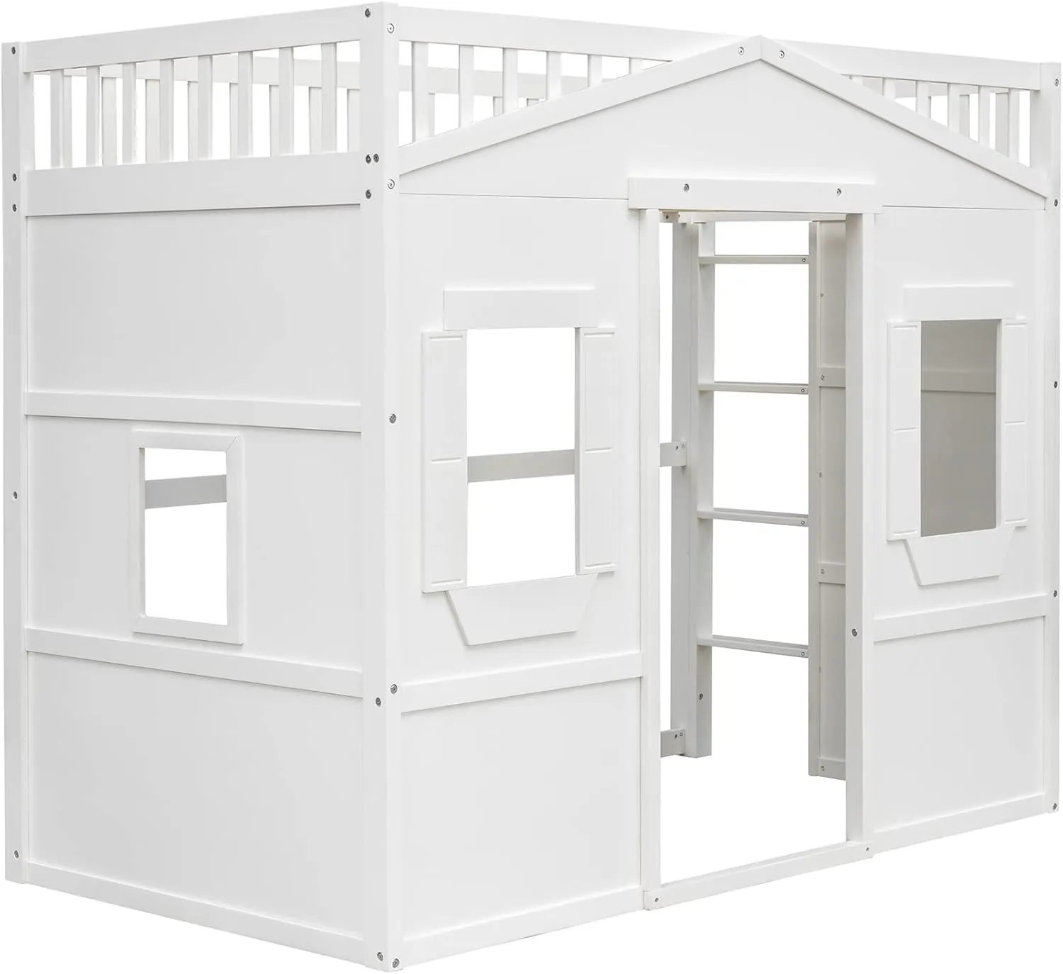Merax Twin Size Wood Loft Bed, House Bed Frame with Ladder and Safety Guardrails for Kids, No Box Spring Needed, White