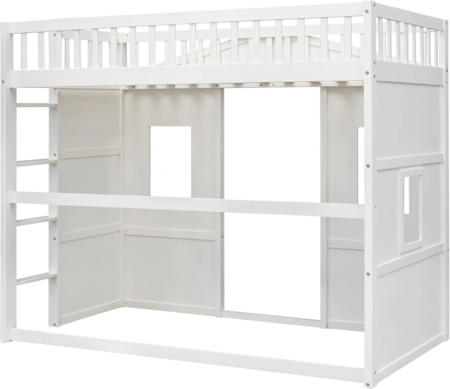 Merax Twin Size Wood Loft Bed, House Bed Frame with Ladder and Safety Guardrails for Kids, No Box Spring Needed, White