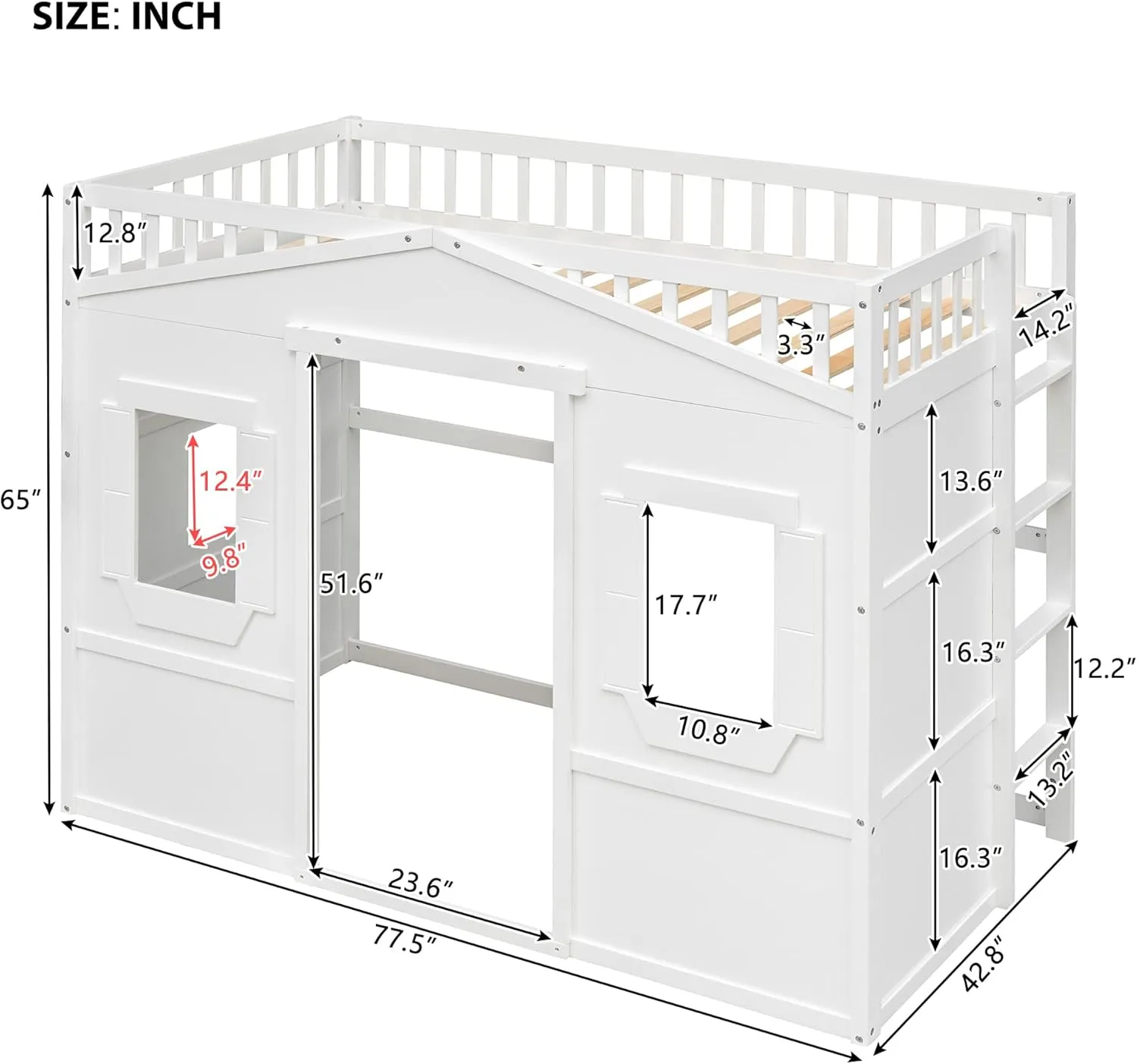 Merax Twin Size Wood Loft Bed, House Bed Frame with Ladder and Safety Guardrails for Kids, No Box Spring Needed, White