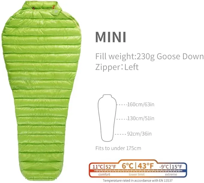 Mini 6 Degree 800FP Goose Down Sleeping Bag Ultralight Down Sleeping Bag for Backpacking and Camping for Men & Women