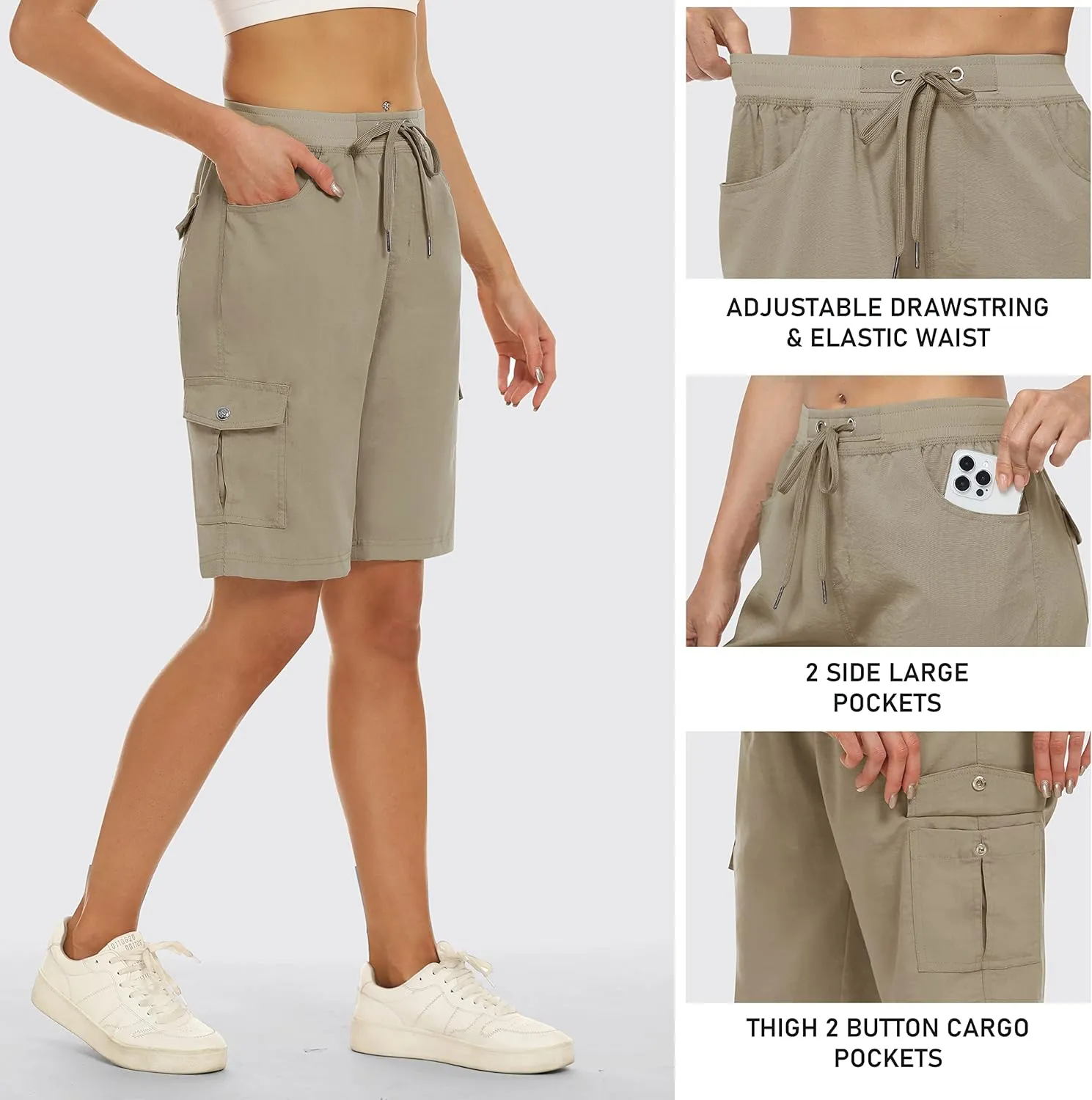 MoFiz Women's 10" Hiking Cargo Shorts 6 Pockets Lightweight Quick Dry Outdoor Running Athletic Short Summer Travel Loose