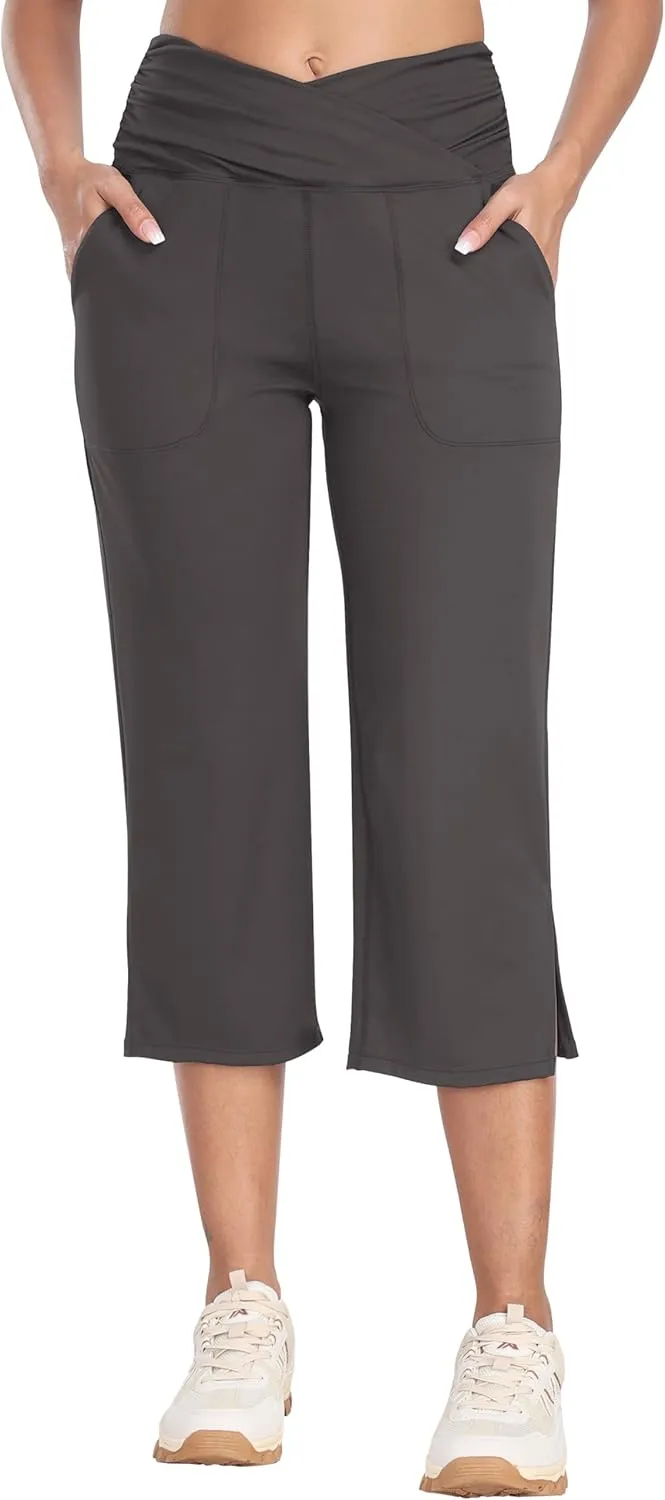 MoFiz Womens Yoga Capris Pants High Waist Lightweight Athletic Exercise Casual Wide Leg Yoga Pants with Pockets