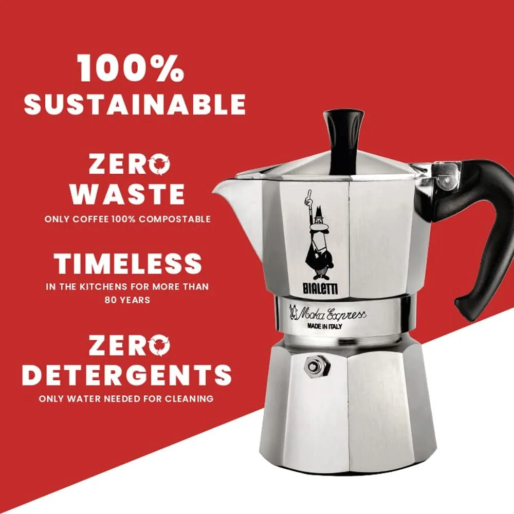 Moka Express: Iconic Stovetop Espresso Maker, Makes Real Italian Coffee, Moka Pot 3 Cups (4.4 Oz - 130 Ml) , Aluminium, Silver