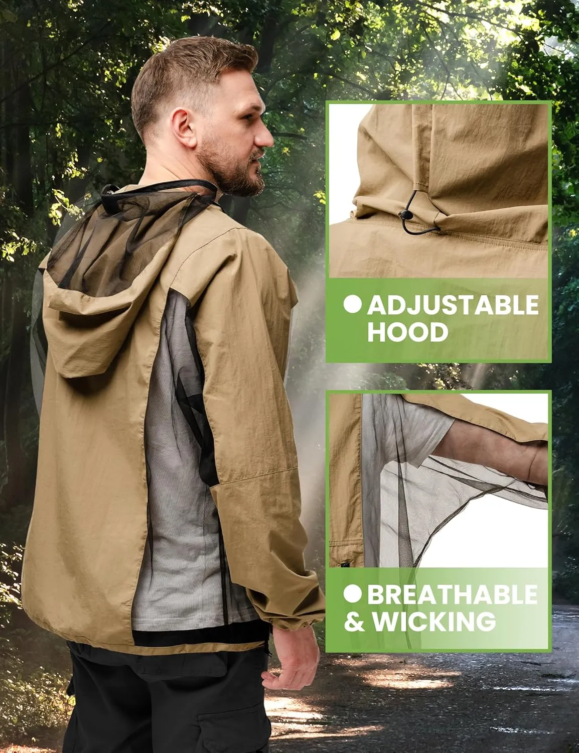 Mosquito Jacket, Durable Bug-Proof Jacket with Adjustable Hood & Pocket, Summer Adventures Mosquito Proof Clothing