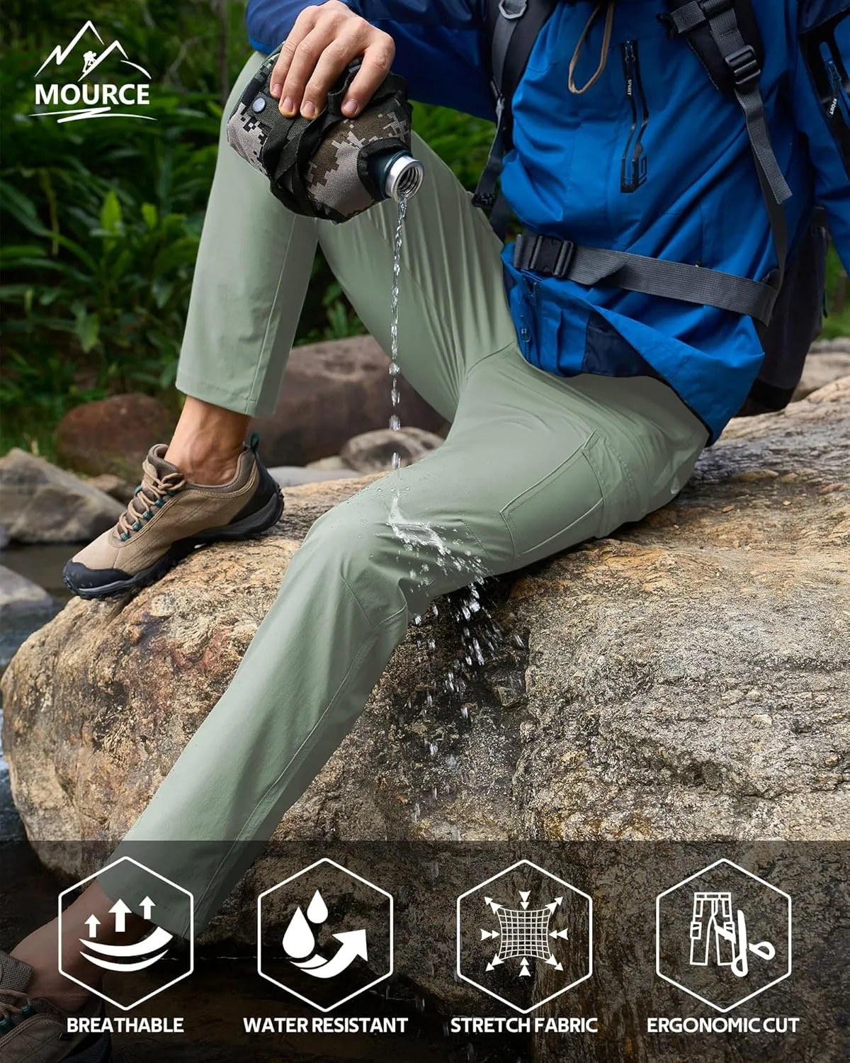 MOURCE Men's Hiking Pants Outdoor Water Resistant Flex Ripstop Cargo Pants Quick Dry Lightweight Fit Pants 6 Pockets and Belt