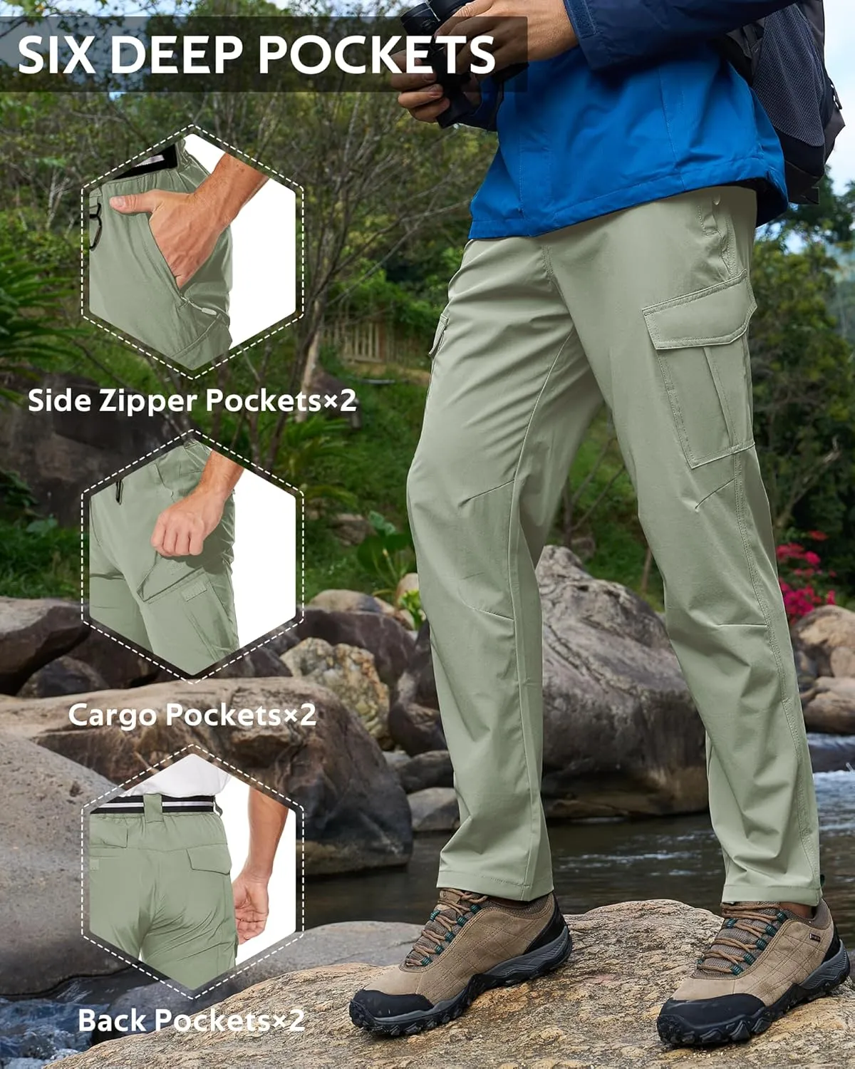 MOURCE Men's Hiking Pants Outdoor Water Resistant Flex Ripstop Cargo Pants Quick Dry Lightweight Fit Pants 6 Pockets and Belt