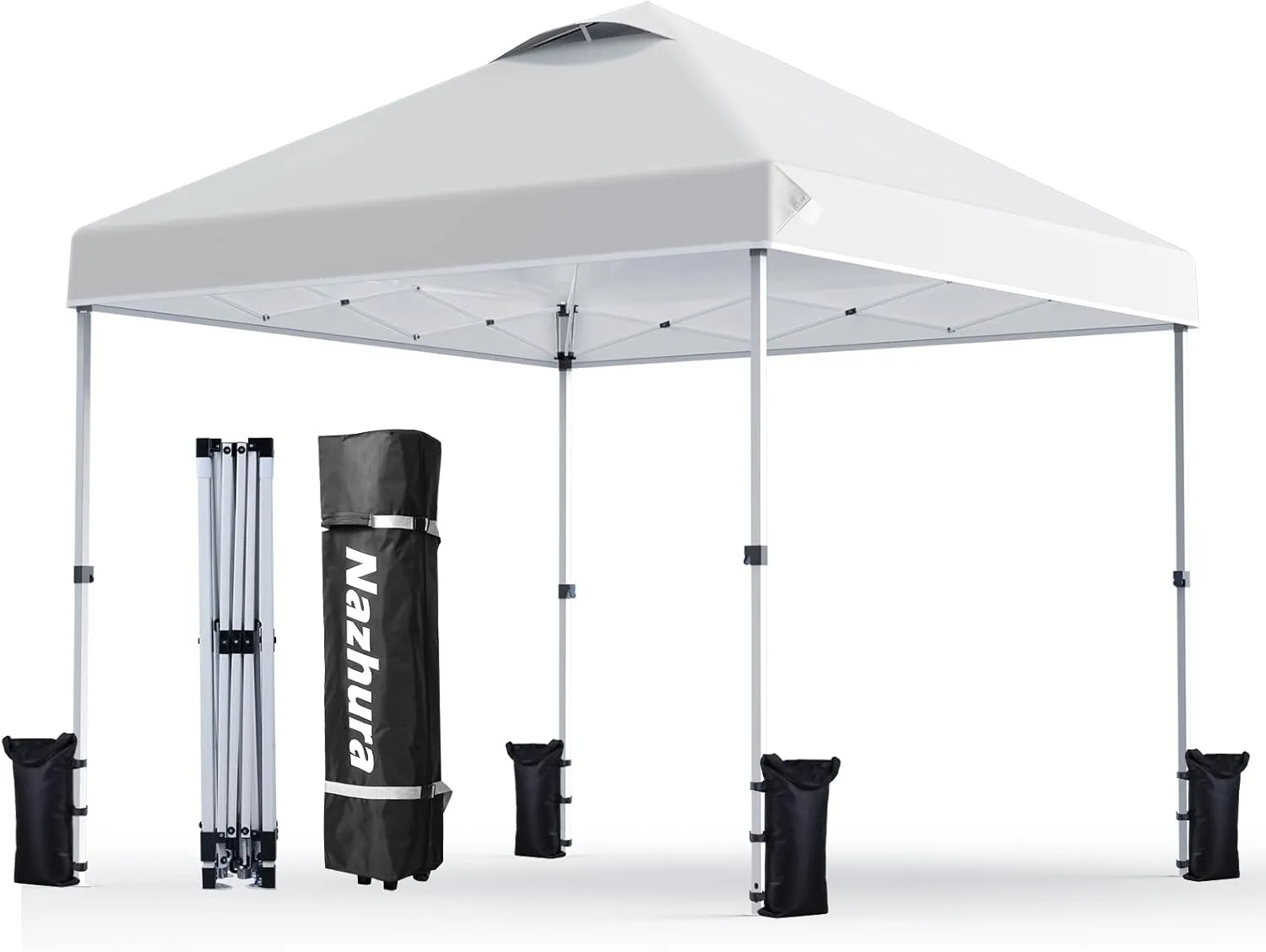 Nazhura 10' x 10' Pop Up Canopy Tent with Sand Weight Bag, Freestanding Sun Shelter for Picnic and Camping, One Person Setup and Height Adjustable (White)