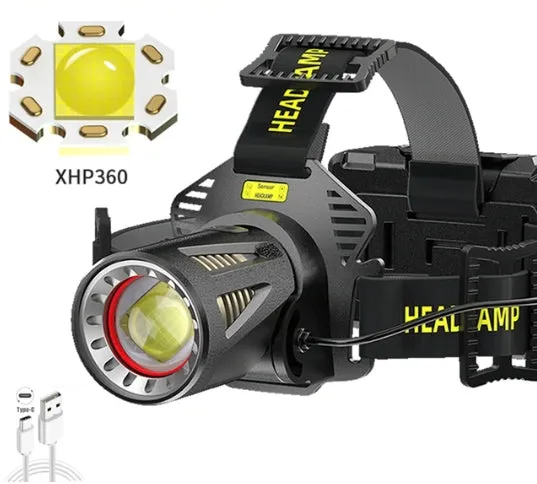 Newest 150000lumens XHP360/White Laser Sensor Headlamp with 3Pcs Rechargeable Battery Long Range Zoom Alloy Headlamp Camping Hiking Emergency Power Bank
