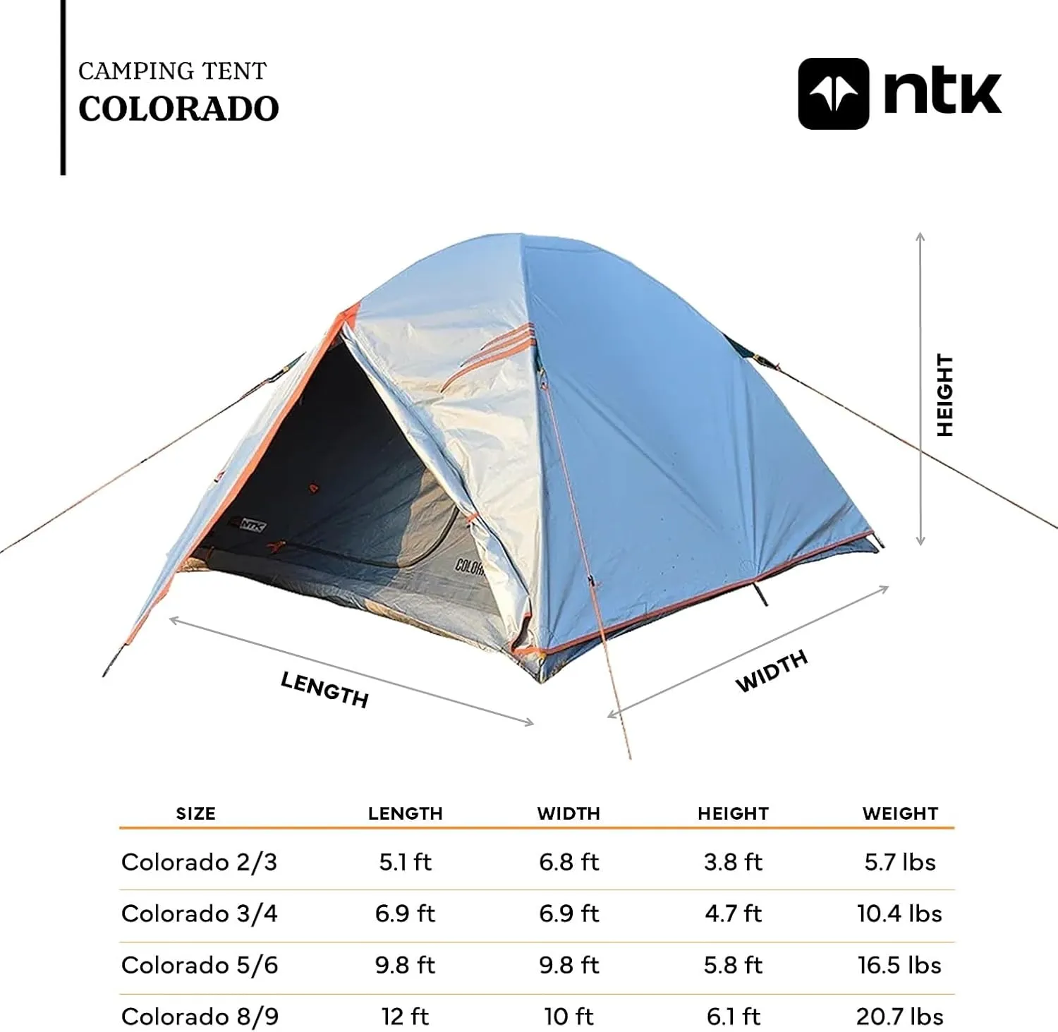 NTK Colorado GT 2/4/6/8 Person Outdoor Dome Family Camping Tent 100% Waterproof, Easy Assembly, Durable Fabric Full Coverage Rainfly - Micro Mosquito Mesh