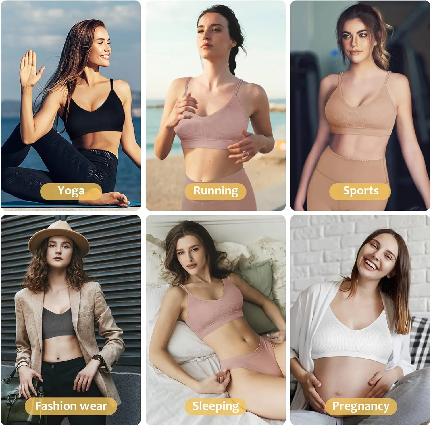 Omisy 4 Pcs Cami Bralettes for Women, Padded Sport Bra Pack No Underwire with Dual Straps for Sleeping, Yoga, Lounging