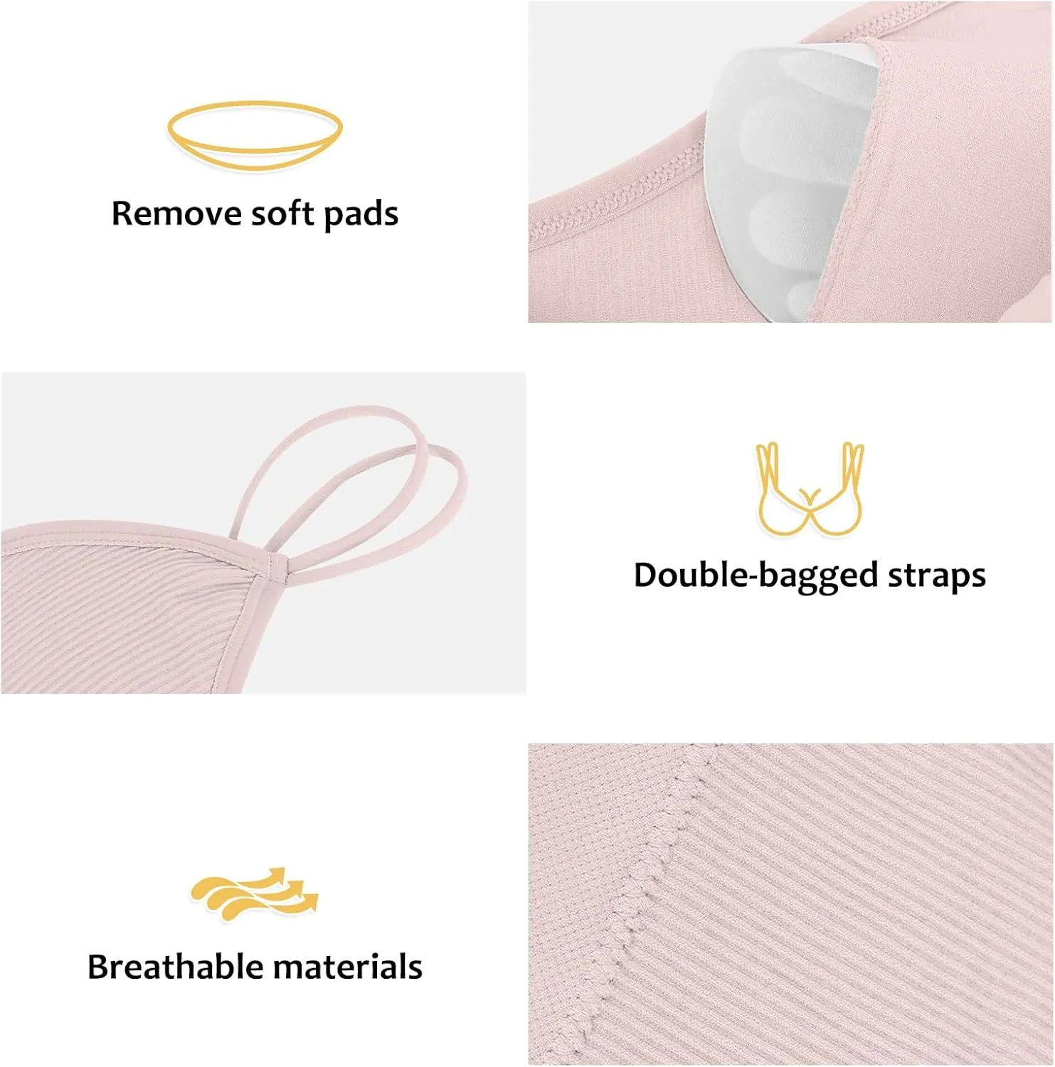 Omisy 4 Pcs Cami Bralettes for Women, Padded Sport Bra Pack No Underwire with Dual Straps for Sleeping, Yoga, Lounging