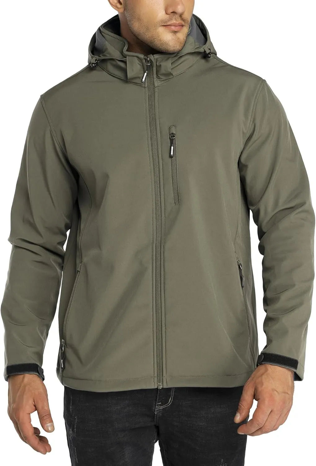 Outdoor Ventures Men's Lightweight Softshell Jacket Fleece Lined Hooded Water Resistant Winter Hiking Windbreaker Jackets