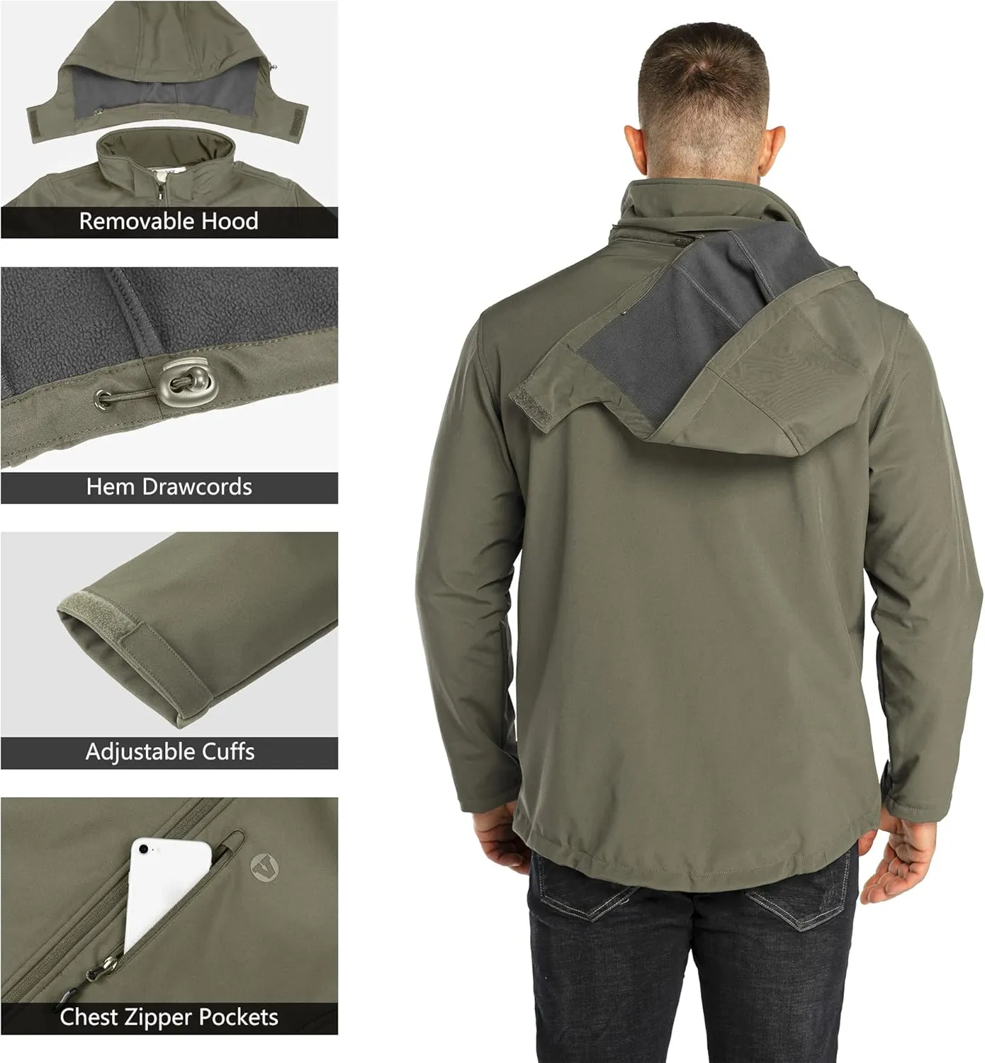 Outdoor Ventures Men's Lightweight Softshell Jacket Fleece Lined Hooded Water Resistant Winter Hiking Windbreaker Jackets