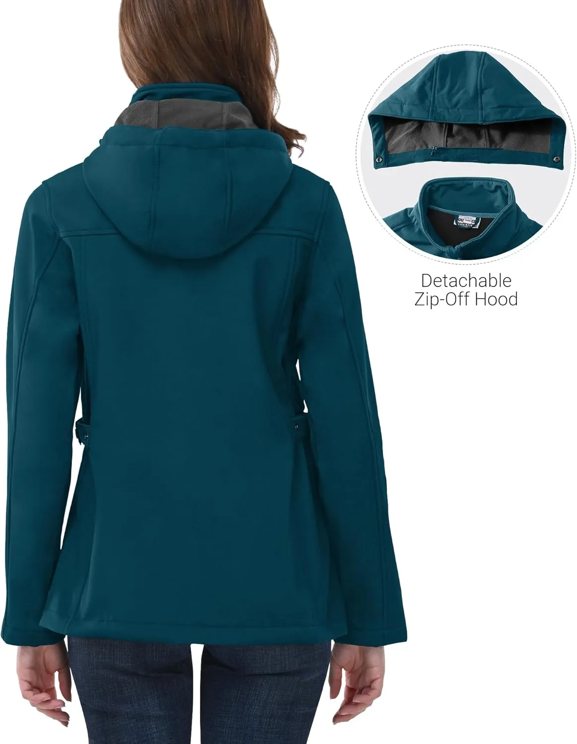 Outdoor Ventures Women's Softshell Jacket with Removable Hood, Insulated Windbreaker Waterproof Warm Fleece Lined Coat
