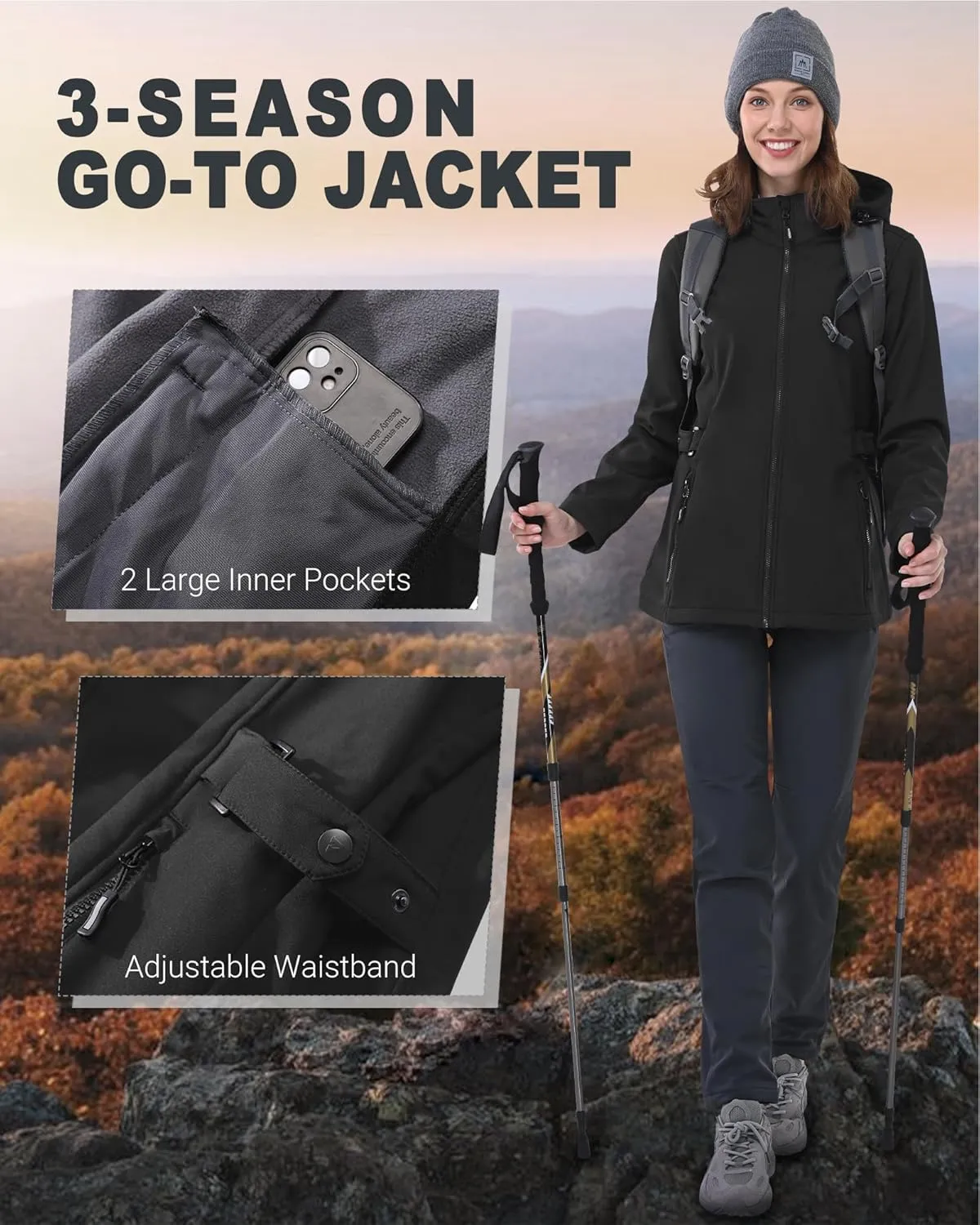 Outdoor Ventures Women's Softshell Jacket with Removable Hood, Insulated Windbreaker Waterproof Warm Fleece Lined Coat