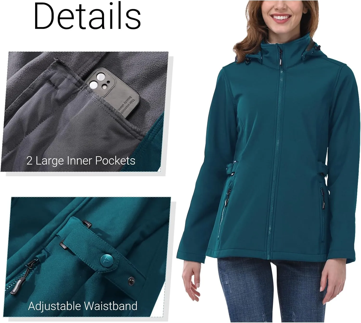 Outdoor Ventures Women's Softshell Jacket with Removable Hood, Insulated Windbreaker Waterproof Warm Fleece Lined Coat