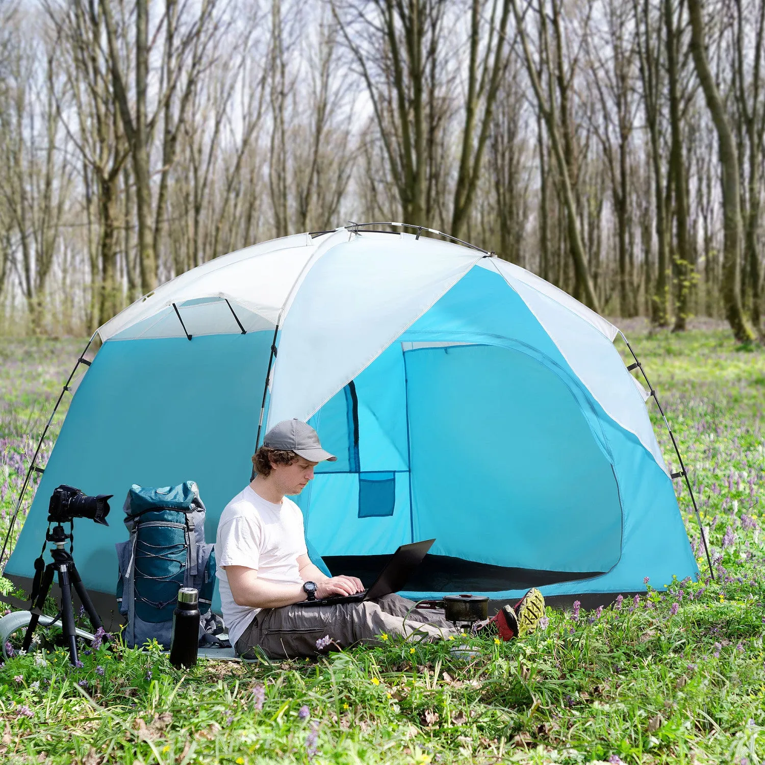 Outsunny 4 Person Camping Tent With Door Windows Backpacking Tent For Family Hiking Travel Hunting P|Outsunny Tente De Camping 4 Personnes Avec Portes Fenetres Tente De Randonnee Pour Famille Randonnee