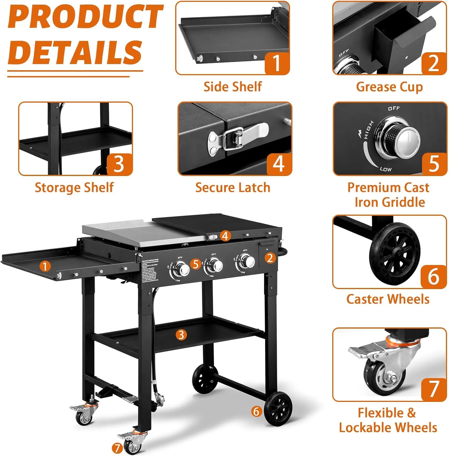 Outvita 3 Burner Portable Flat Top Gas Grill, 31.5" Propane Griddle, 45,000 BTU, Outdoor Griddle Station with Folding Legs for Outside Cooking Camping Tailgating