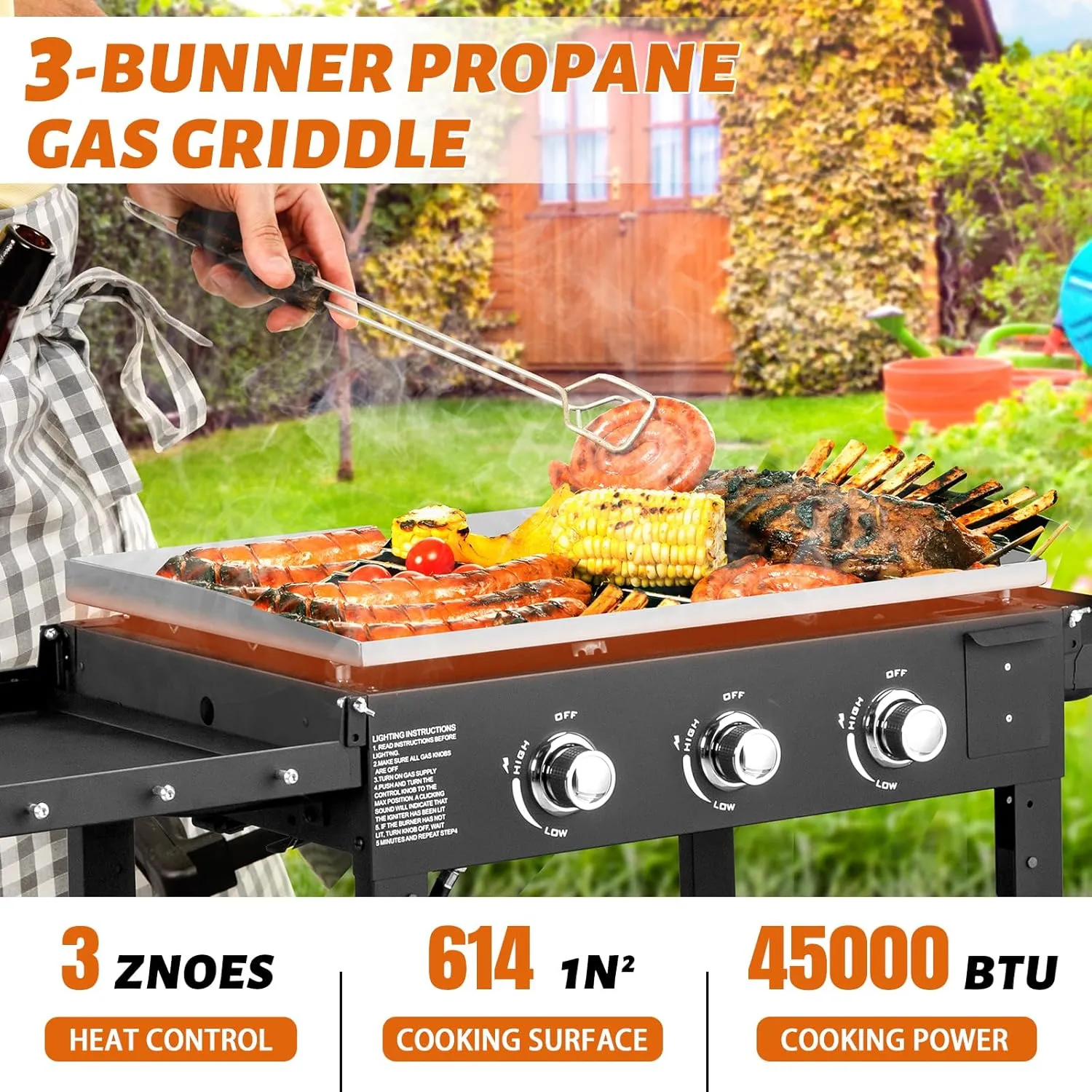 Outvita 3 Burner Portable Flat Top Gas Grill, 31.5" Propane Griddle, 45,000 BTU, Outdoor Griddle Station with Folding Legs for Outside Cooking Camping Tailgating