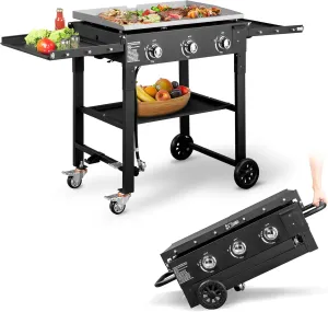 Outvita 3 Burner Portable Flat Top Gas Grill, 31.5" Propane Griddle, 45,000 BTU, Outdoor Griddle Station with Folding Legs for Outside Cooking Camping Tailgating