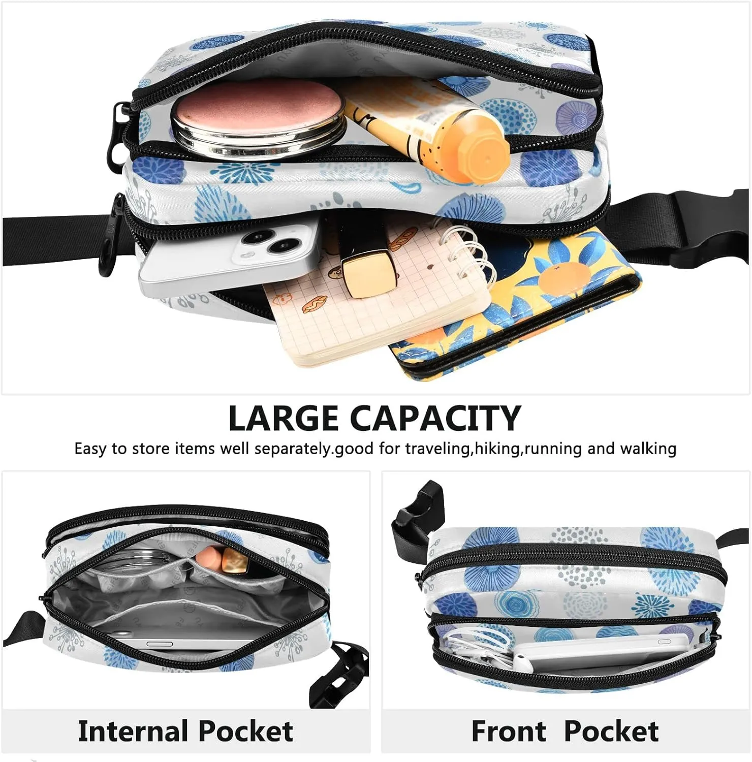 Oyihfvs Green Tropical Palm Leaves, Seamless Jungle Leaves on White Adjustable Fanny Waist Pack Pouch, Waterproof Runners Sports Waist Pack Wallet for Sports Hiking Fitness Cycling Gym Women Men
