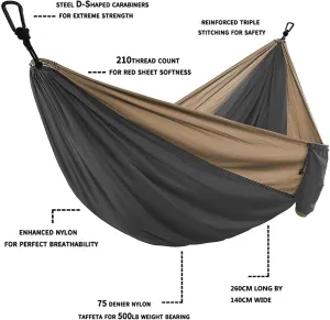 Parachute Hammock with Hammock Straps and Black Hook and Loop Camping Survival Travel Double Outdoor Furniture Hammock