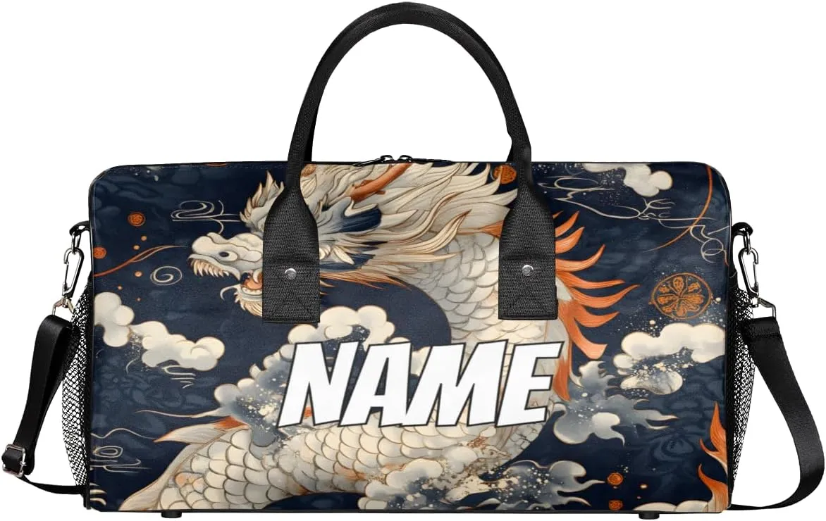 Personalized Chinese Dragon Travel Duffel Bag with Name, Custom Gym Sport Bag Asian Animal Carry On Weekend Overnight Duffel Bag for Men Women
