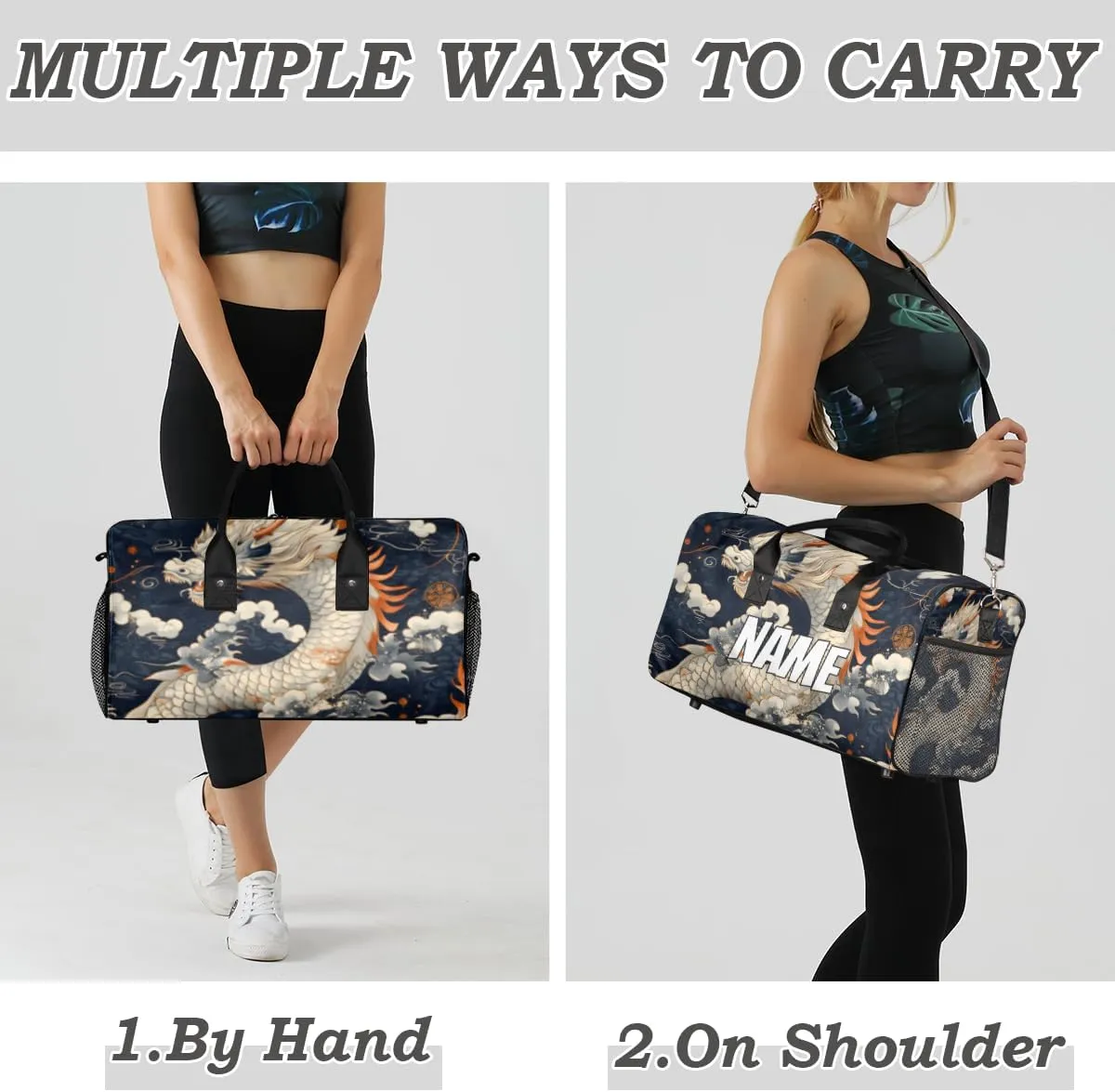 Personalized Chinese Dragon Travel Duffel Bag with Name, Custom Gym Sport Bag Asian Animal Carry On Weekend Overnight Duffel Bag for Men Women