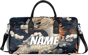 Personalized Chinese Dragon Travel Duffel Bag with Name, Custom Gym Sport Bag Asian Animal Carry On Weekend Overnight Duffel Bag for Men Women