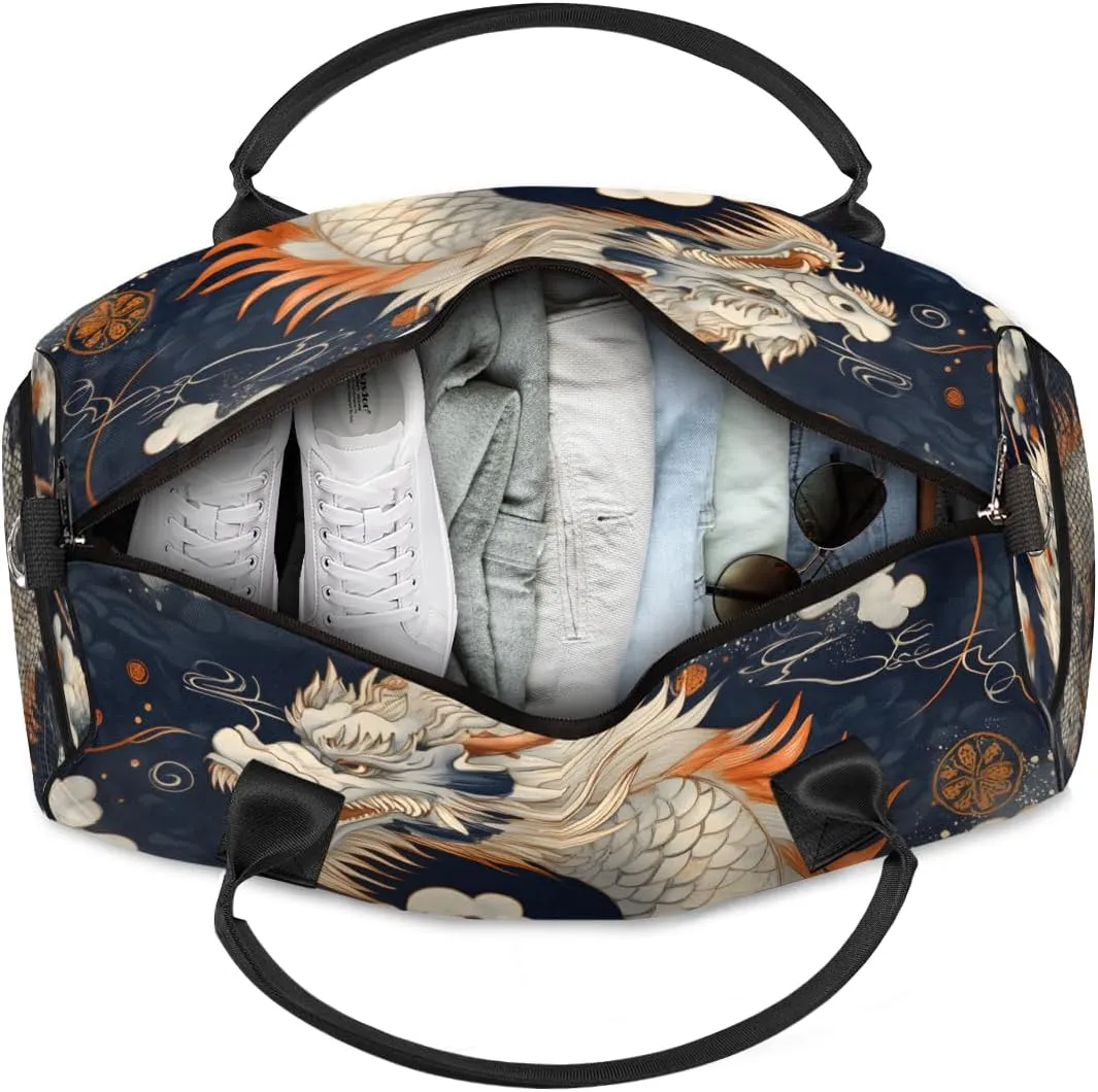 Personalized Chinese Dragon Travel Duffel Bag with Name, Custom Gym Sport Bag Asian Animal Carry On Weekend Overnight Duffel Bag for Men Women