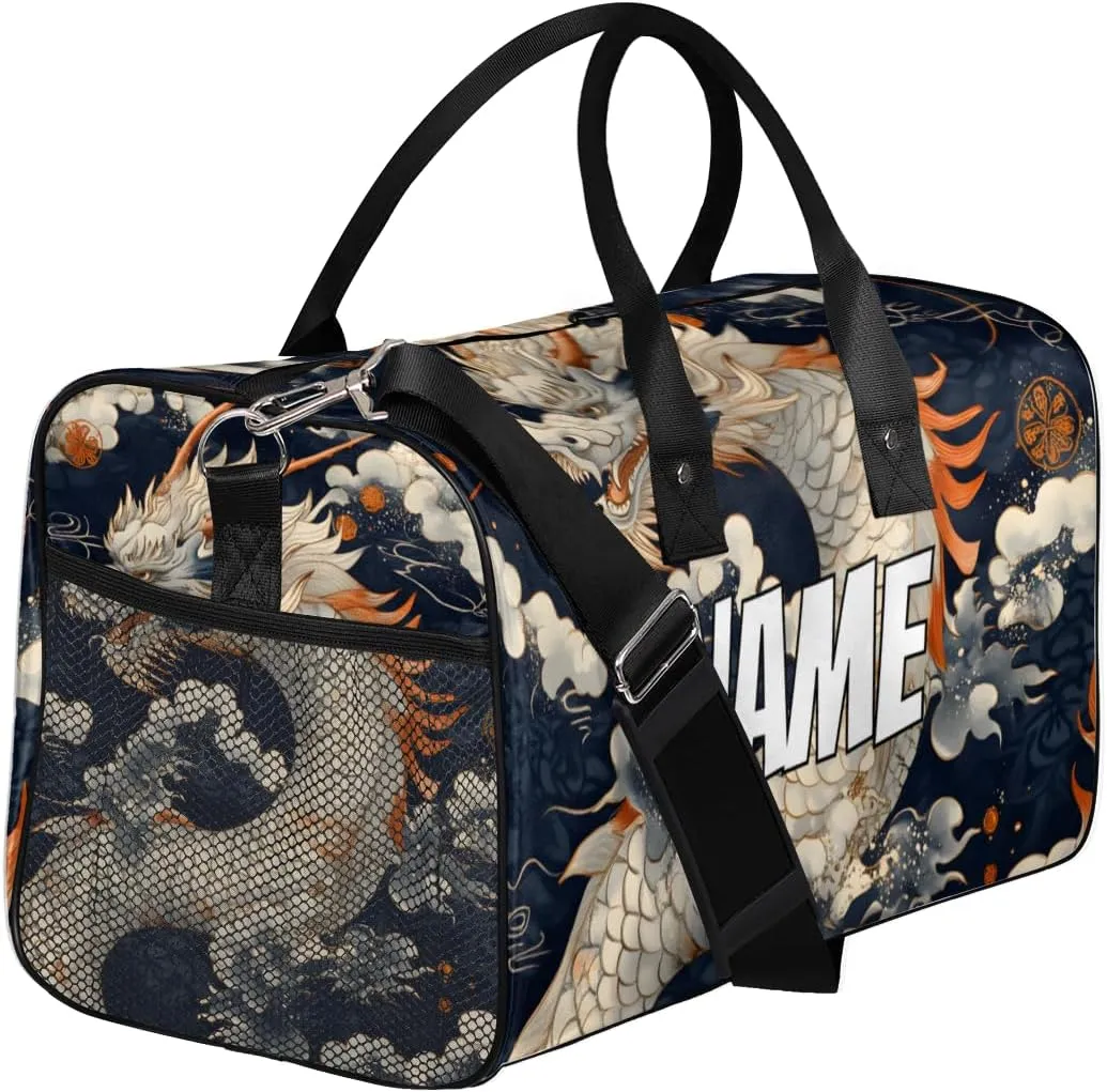 Personalized Chinese Dragon Travel Duffel Bag with Name, Custom Gym Sport Bag Asian Animal Carry On Weekend Overnight Duffel Bag for Men Women