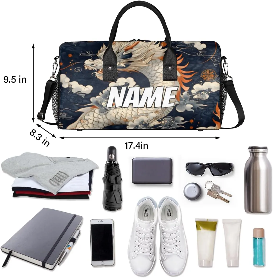 Personalized Chinese Dragon Travel Duffel Bag with Name, Custom Gym Sport Bag Asian Animal Carry On Weekend Overnight Duffel Bag for Men Women