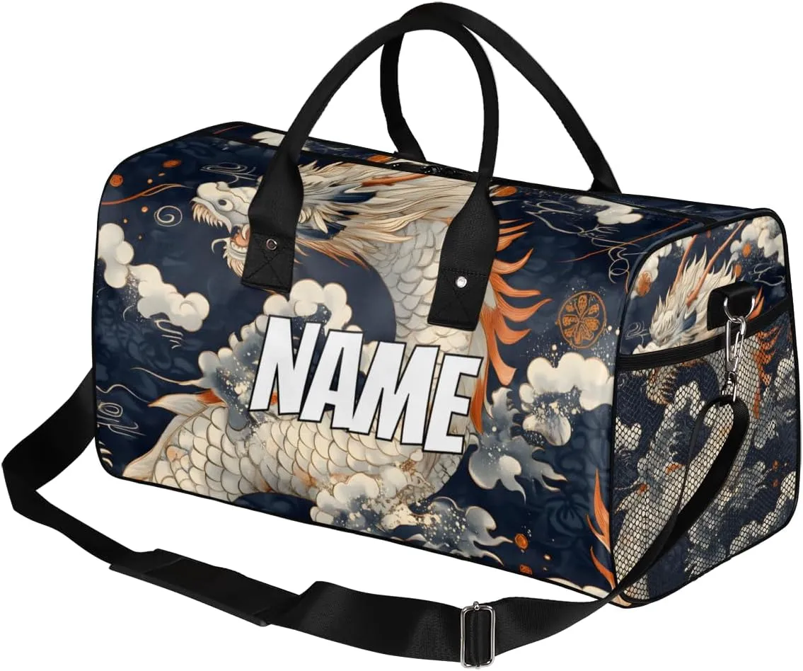 Personalized Chinese Dragon Travel Duffel Bag with Name, Custom Gym Sport Bag Asian Animal Carry On Weekend Overnight Duffel Bag for Men Women