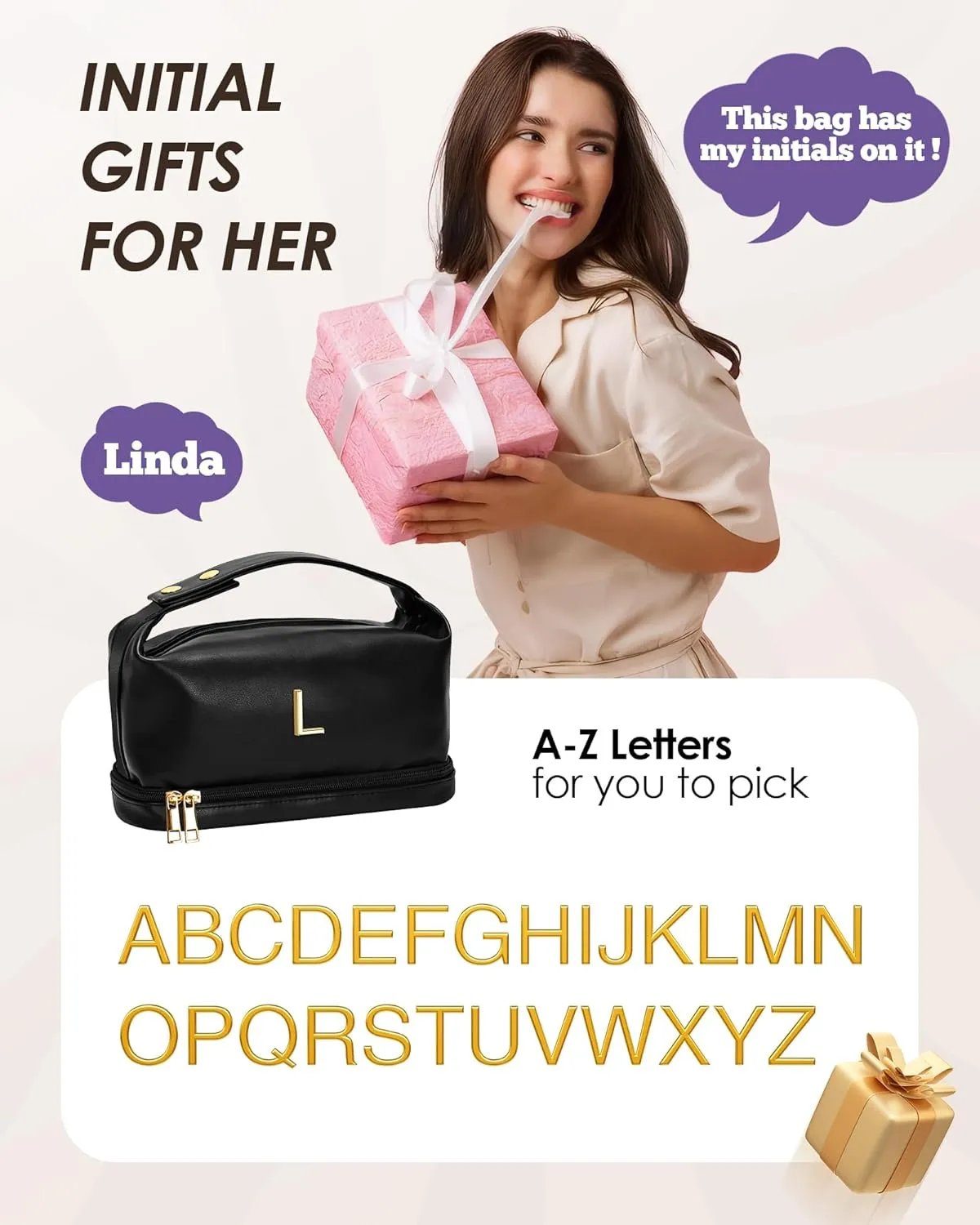 Personalized Makeup Bags, Initial Bags with Handle, Waterproof Double Layer Cosmetic Bag, Large Capacity PU Leather Makeup Bags Letter Travel Toiletry Bag with Makeup Brush Organizer