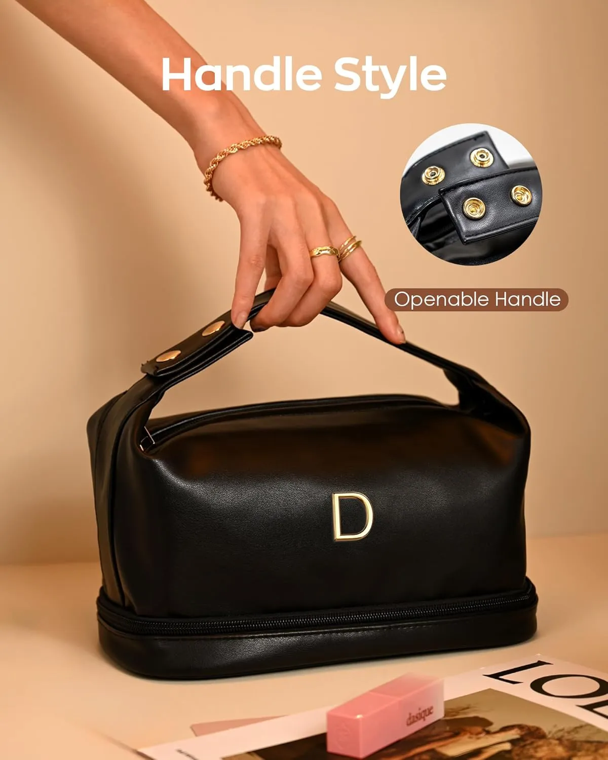 Personalized Makeup Bags, Initial Bags with Handle, Waterproof Double Layer Cosmetic Bag, Large Capacity PU Leather Makeup Bags Letter Travel Toiletry Bag with Makeup Brush Organizer