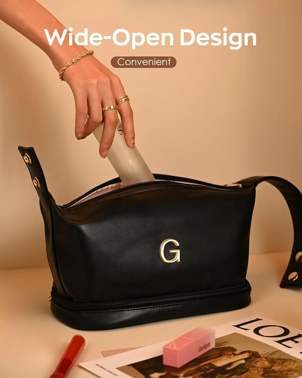 Personalized Makeup Bags, Initial Bags with Handle, Waterproof Double Layer Cosmetic Bag, Large Capacity PU Leather Makeup Bags Letter Travel Toiletry Bag with Makeup Brush Organizer