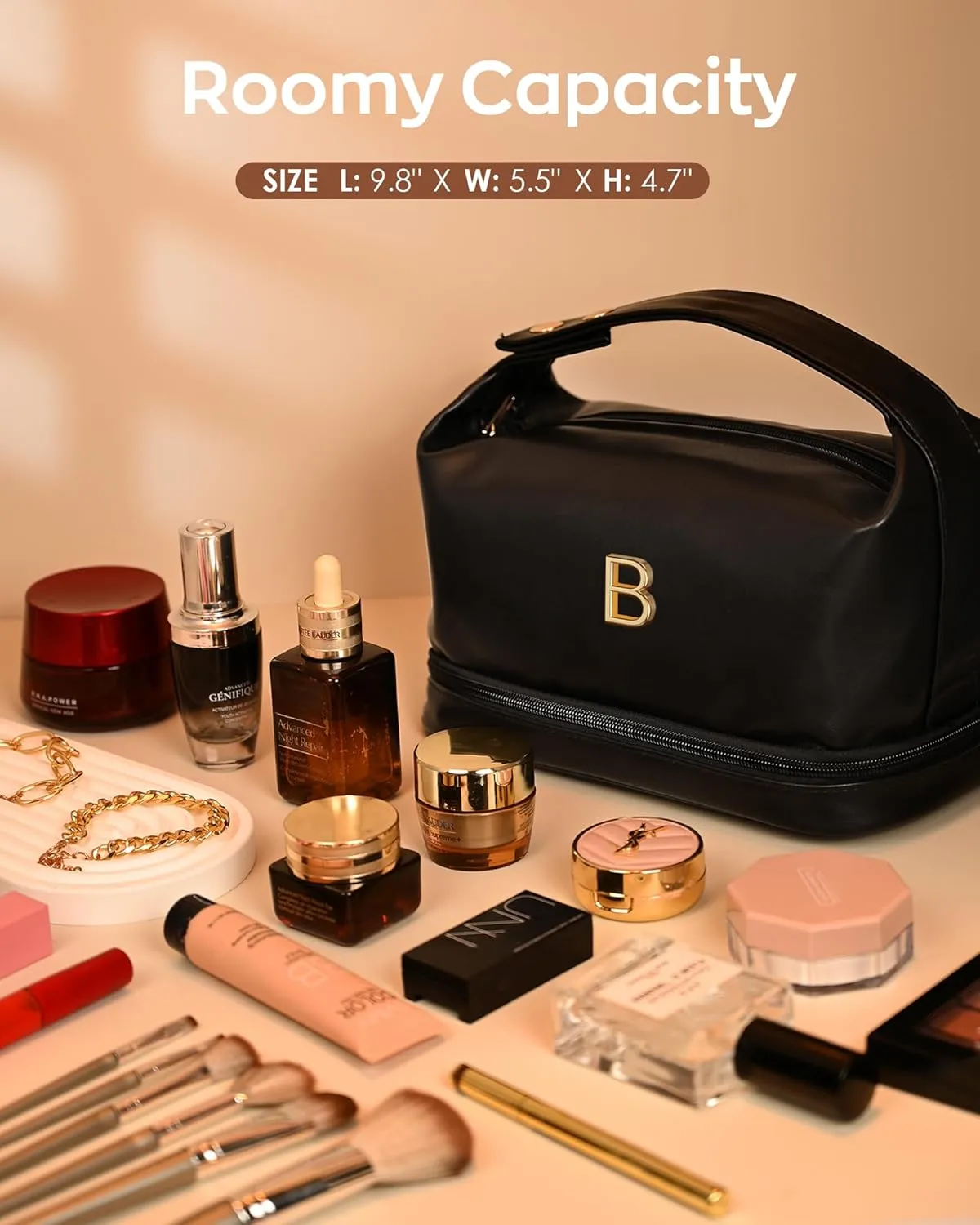 Personalized Makeup Bags, Initial Bags with Handle, Waterproof Double Layer Cosmetic Bag, Large Capacity PU Leather Makeup Bags Letter Travel Toiletry Bag with Makeup Brush Organizer