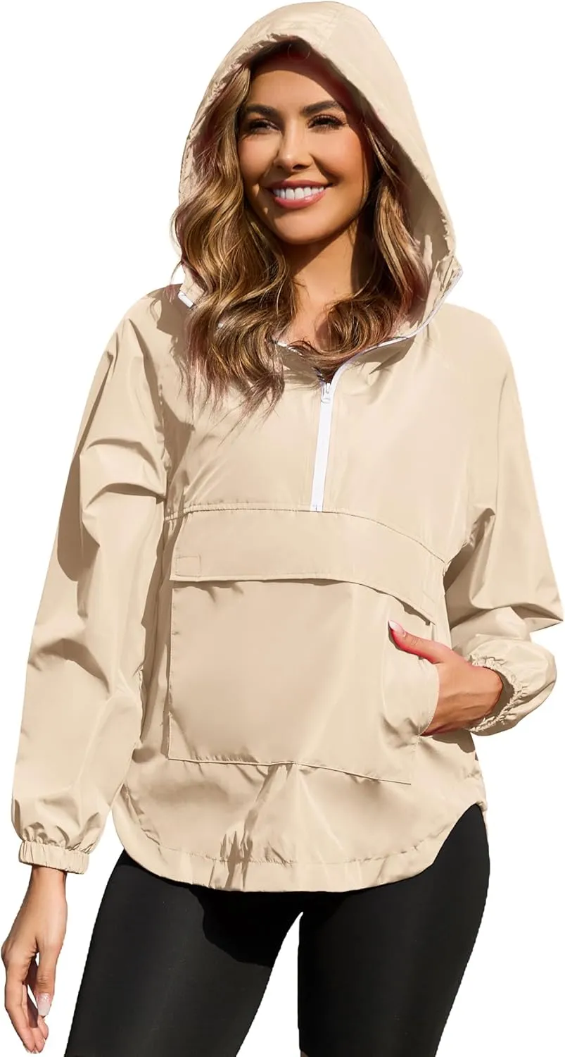 PESION Womens Packable Waterproof Raincoat Lightweight Rain Jacket, Running Cycling Hiking Windbreaker Pullover Jackets